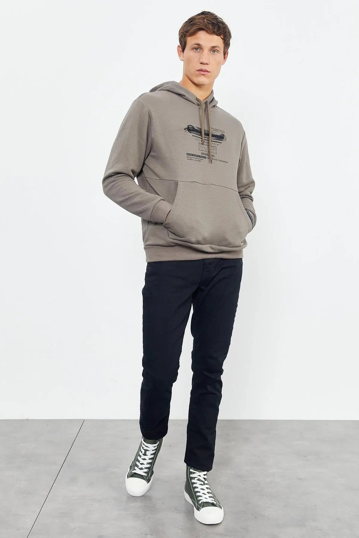baskili kapüşonlu kanguru cep rahat form erkek sweatshirt - 88019 - Justyol