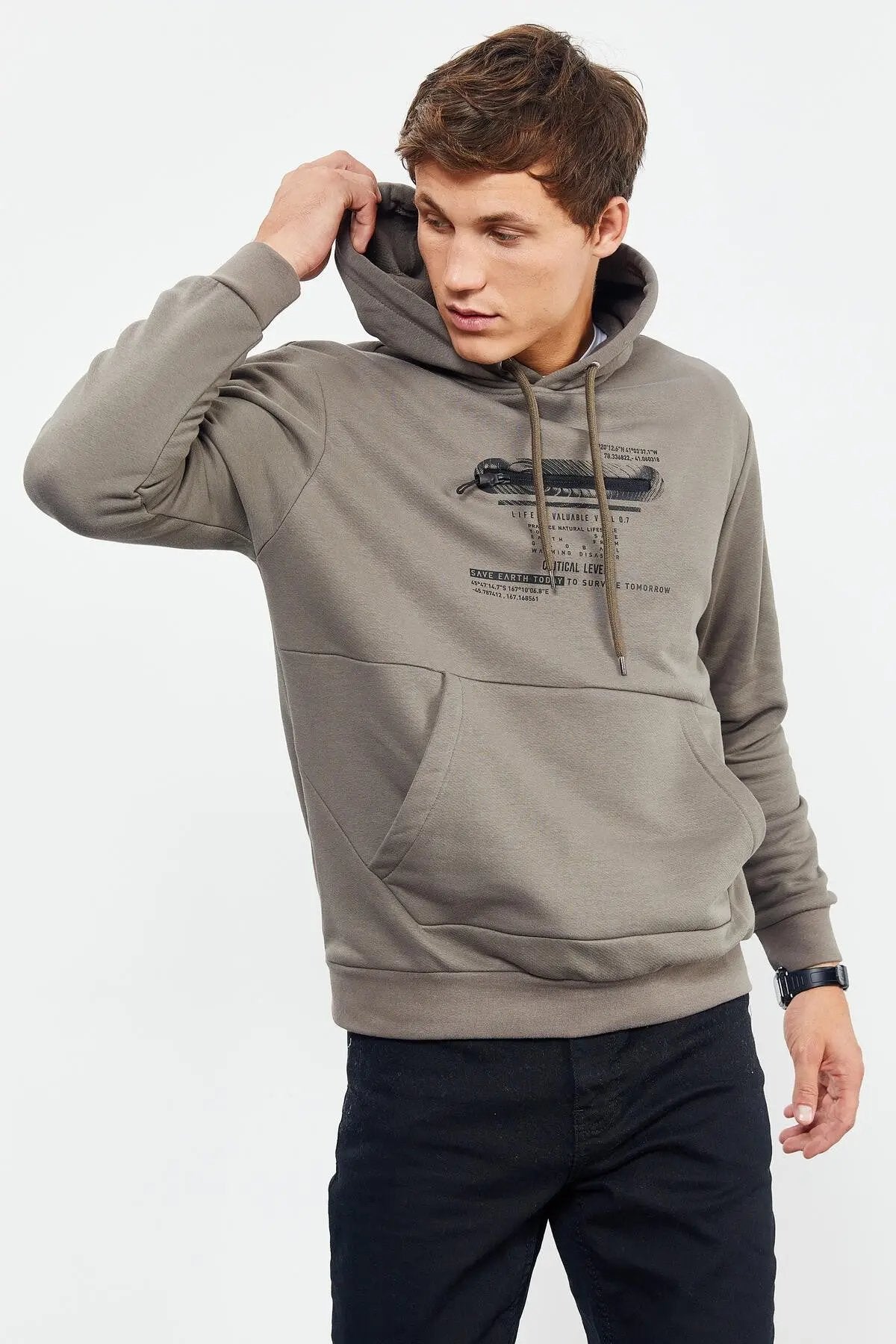 baskili kapüşonlu kanguru cep rahat form erkek sweatshirt - 88019 - Justyol