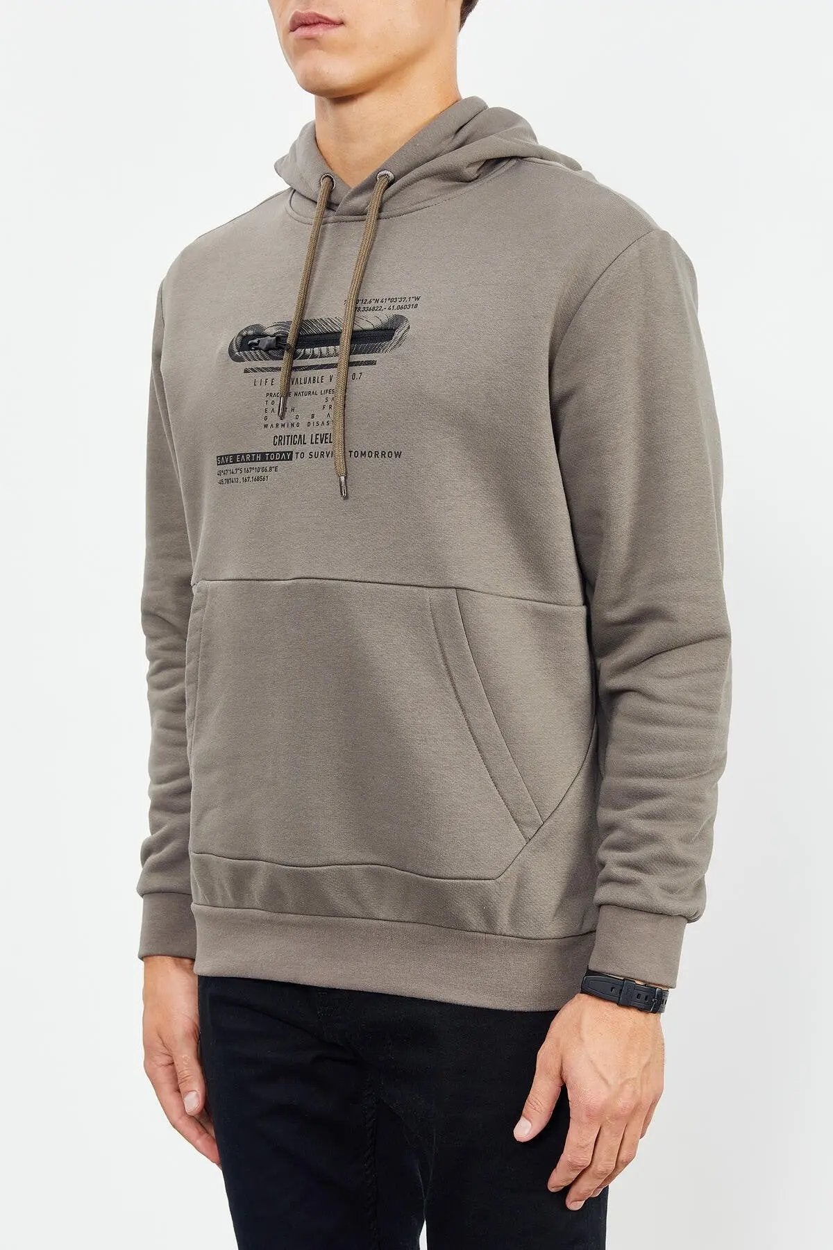 baskili kapüşonlu kanguru cep rahat form erkek sweatshirt - 88019 - Justyol