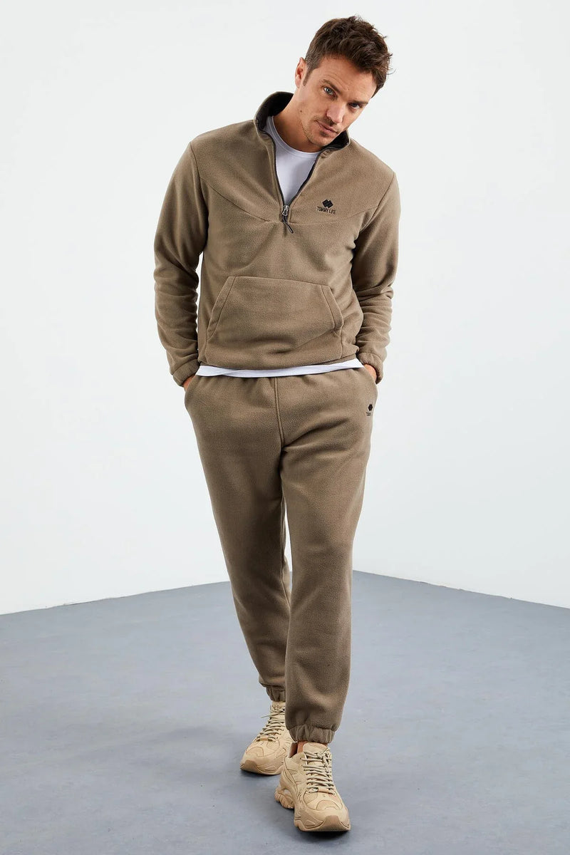 Ensemble de survêtement pour homme en polaire à demi-fermeture éclair, col montant et bas de pantalon élastiqués - 85159