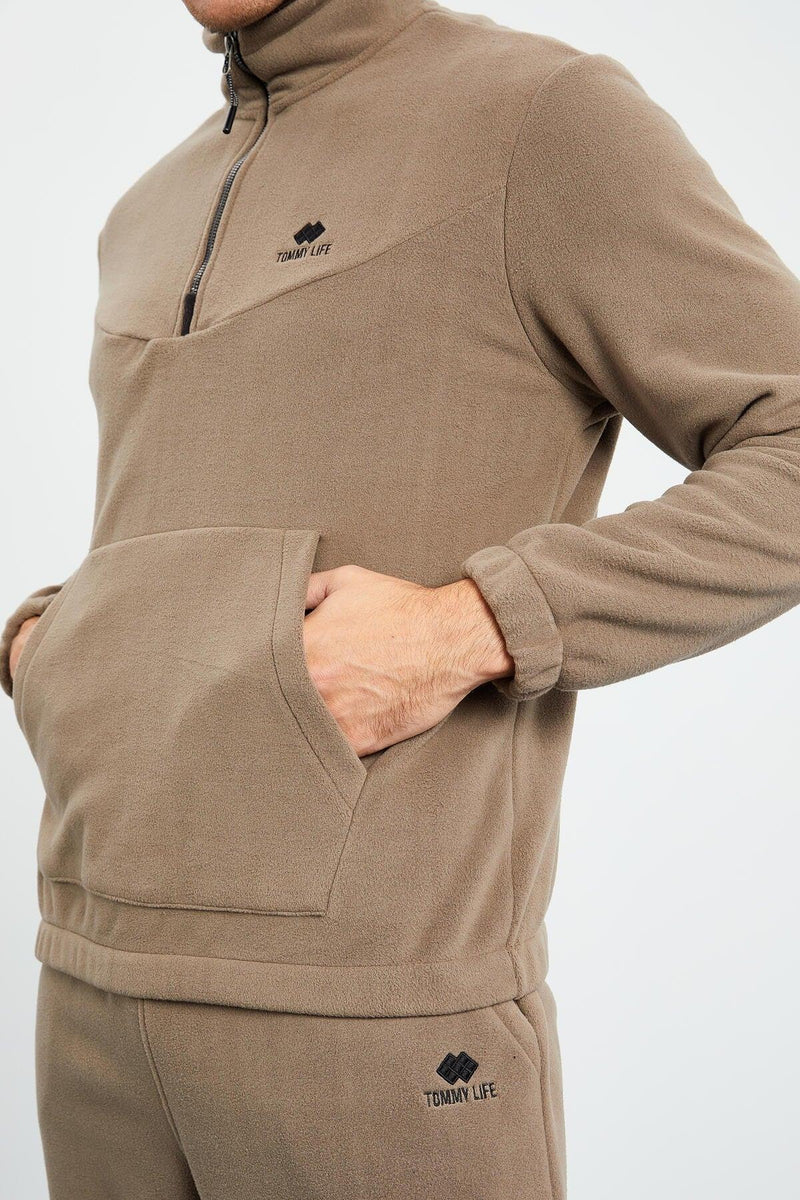 Ensemble de survêtement pour homme en polaire à demi-fermeture éclair, col montant et bas de pantalon élastiqués - 85159