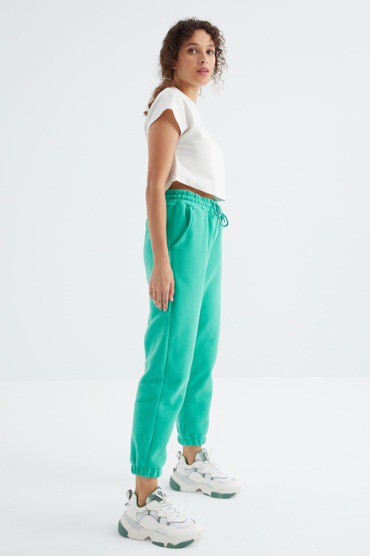 yüksek bel basic bağcikli jogger polar kadin eşofman alt - 94622 - Justyol