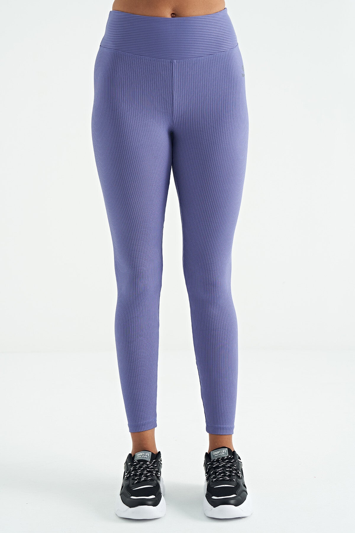 logo baskili yüksek bel slim fit fitilli kadin tayt - 94642