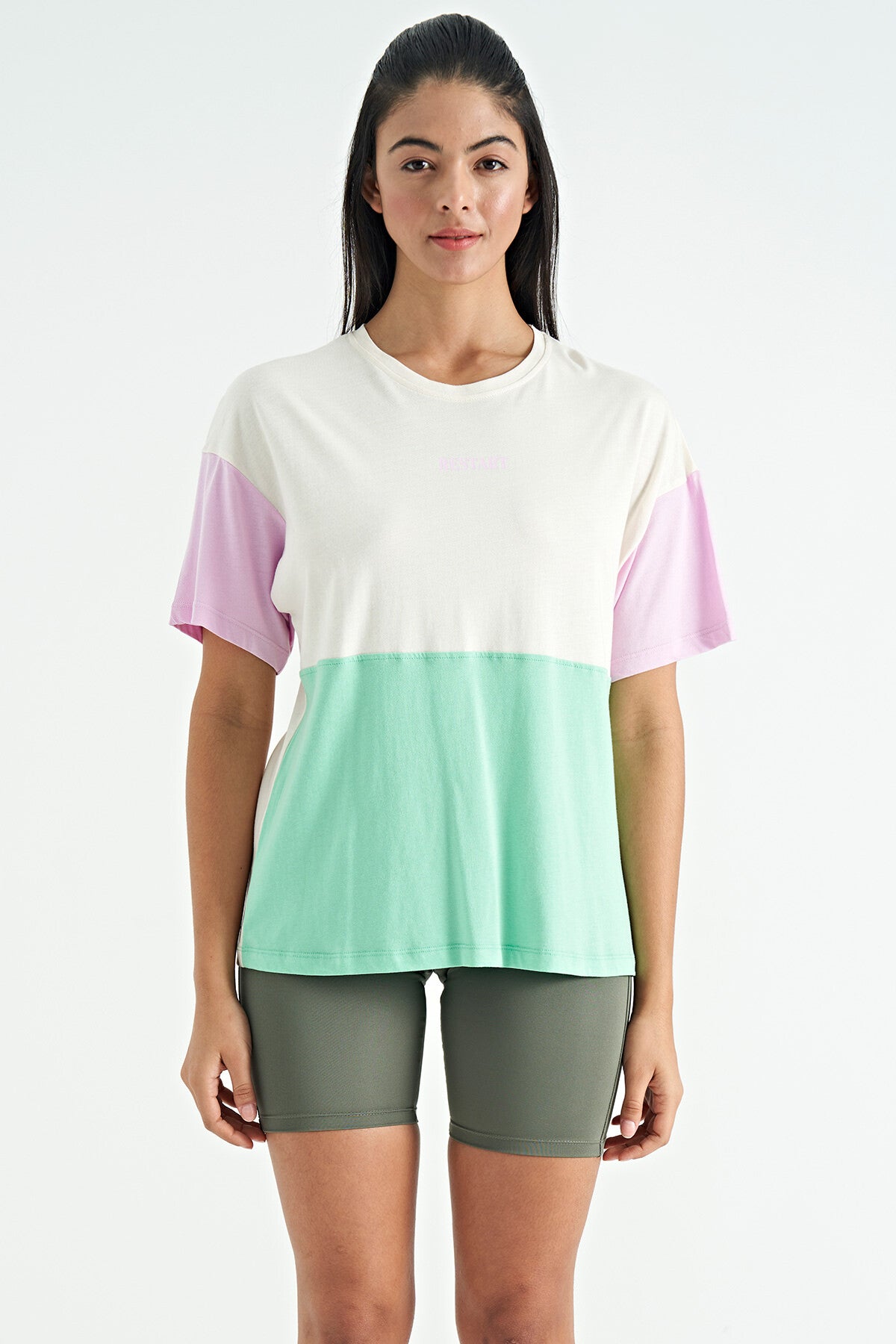 çok renkli o yaka oversize kadin basic t-shirt - 02309