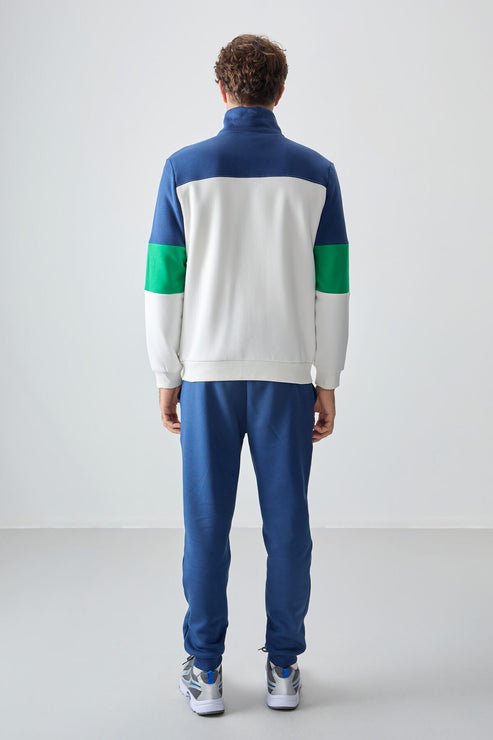 ekru - indigo dik yaka renk geçişli baski detayli standart kalip erkek eşofman takimi - 85186 - Justyol