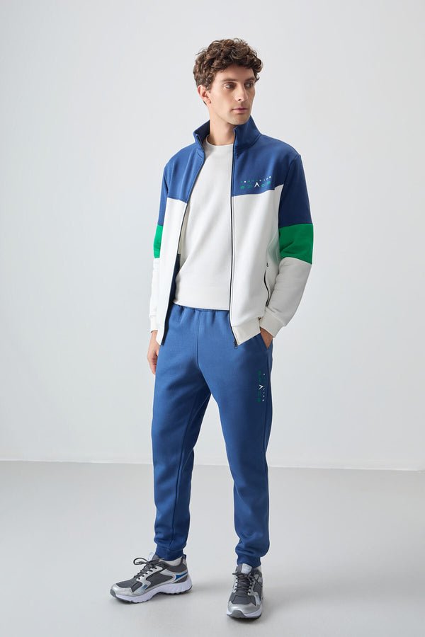 ekru - indigo dik yaka renk geçişli baski detayli standart kalip erkek eşofman takimi - 85186 - Justyol