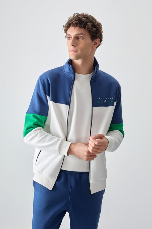 ekru - indigo dik yaka renk geçişli baski detayli standart kalip erkek eşofman takimi - 85186 - Justyol