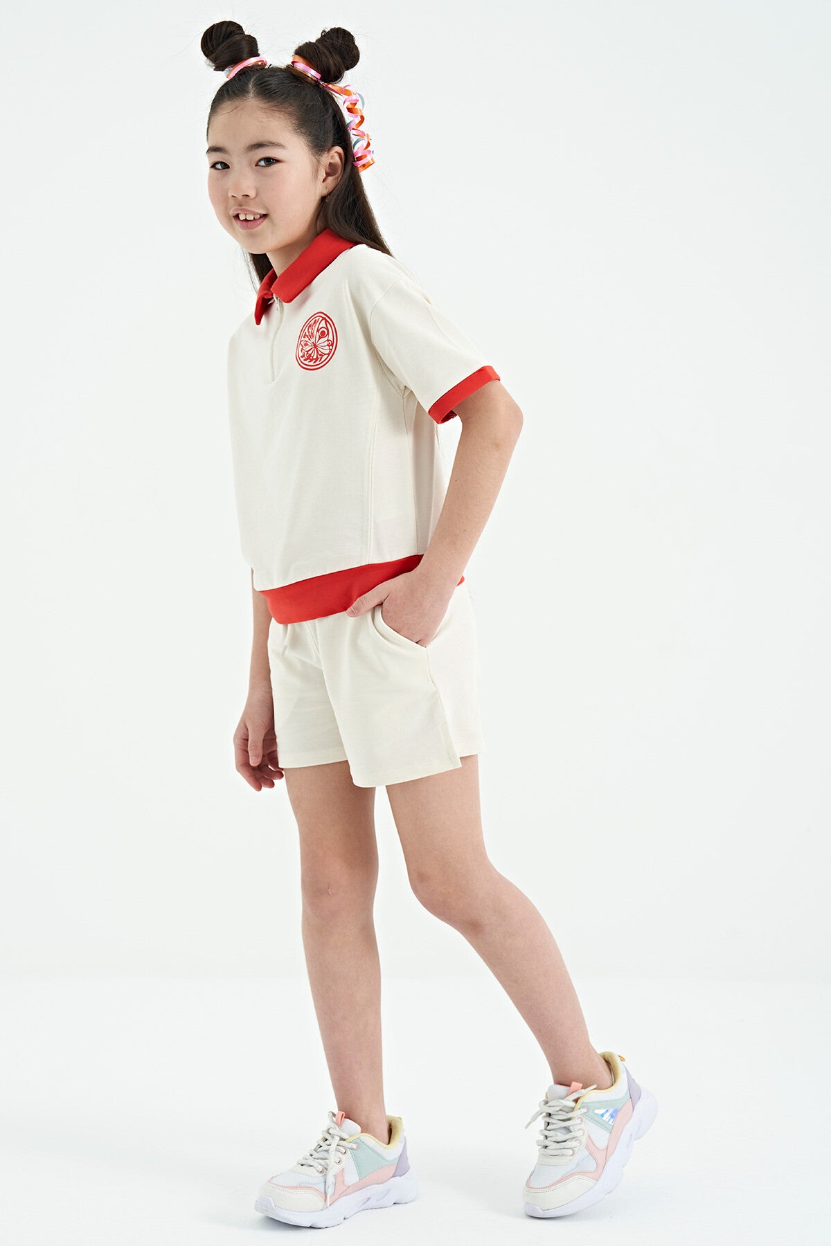 <tc>Ensemble short pour fille avec haut à col orange et manches courtes, coupe confortable - 75131</tc>