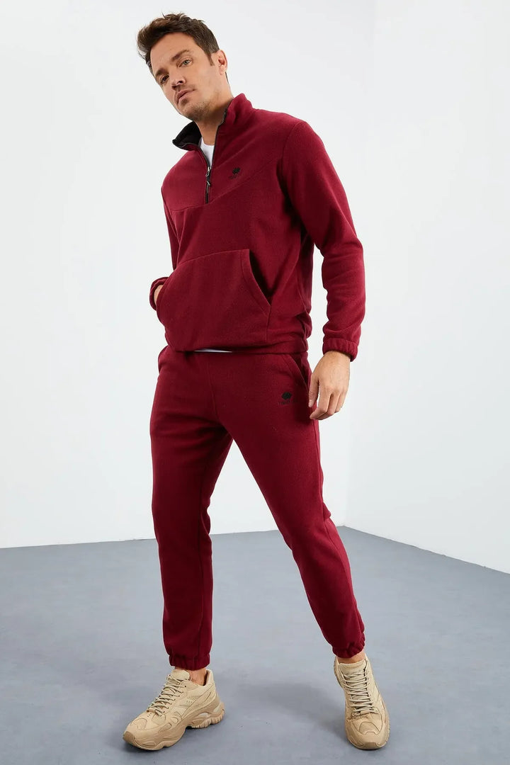 Ensemble de survêtement pour homme en polaire à demi-fermeture éclair, col montant et bas de pantalon élastiqués - 85159