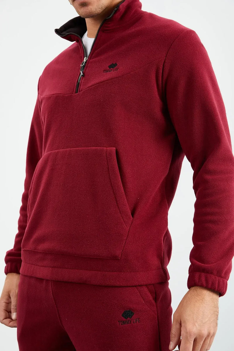 Ensemble de survêtement pour homme en polaire à demi-fermeture éclair, col montant et bas de pantalon élastiqués - 85159