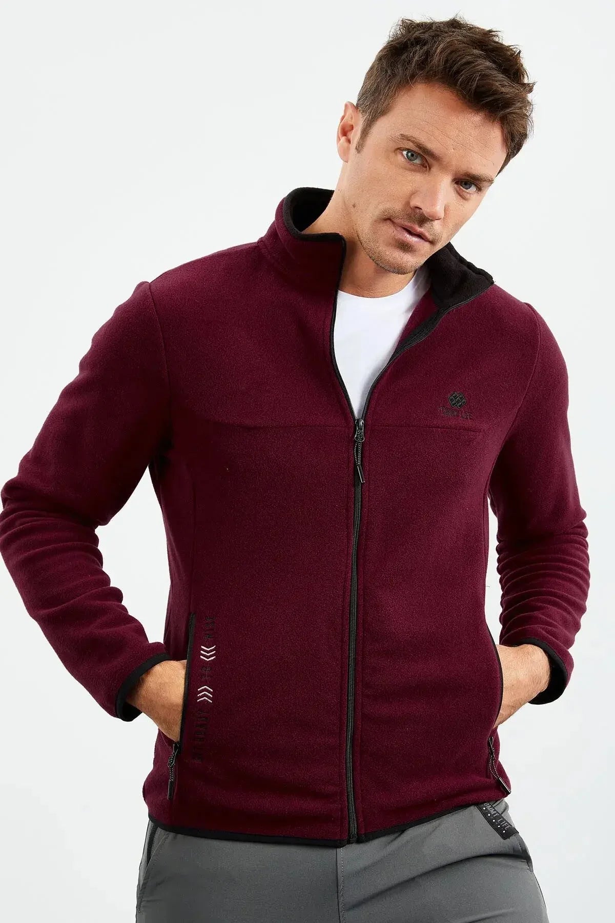 Sweatshirt pour homme en polaire à col montant et fermeture éclair, coupe standard avec broderie - 87992 - Justyol