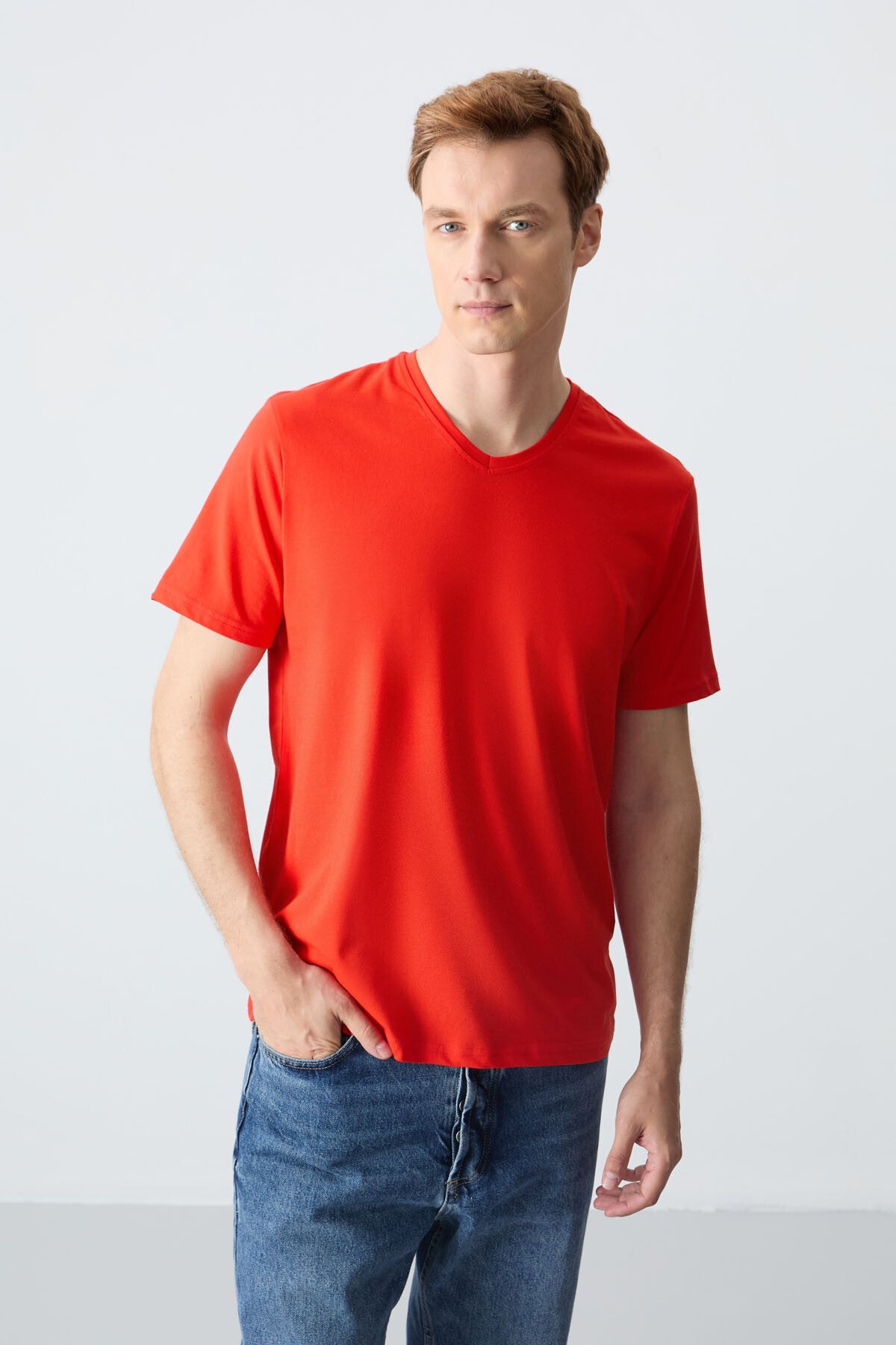 basic kisa kol standart kalip v yaka erkek t-shirt - 87912