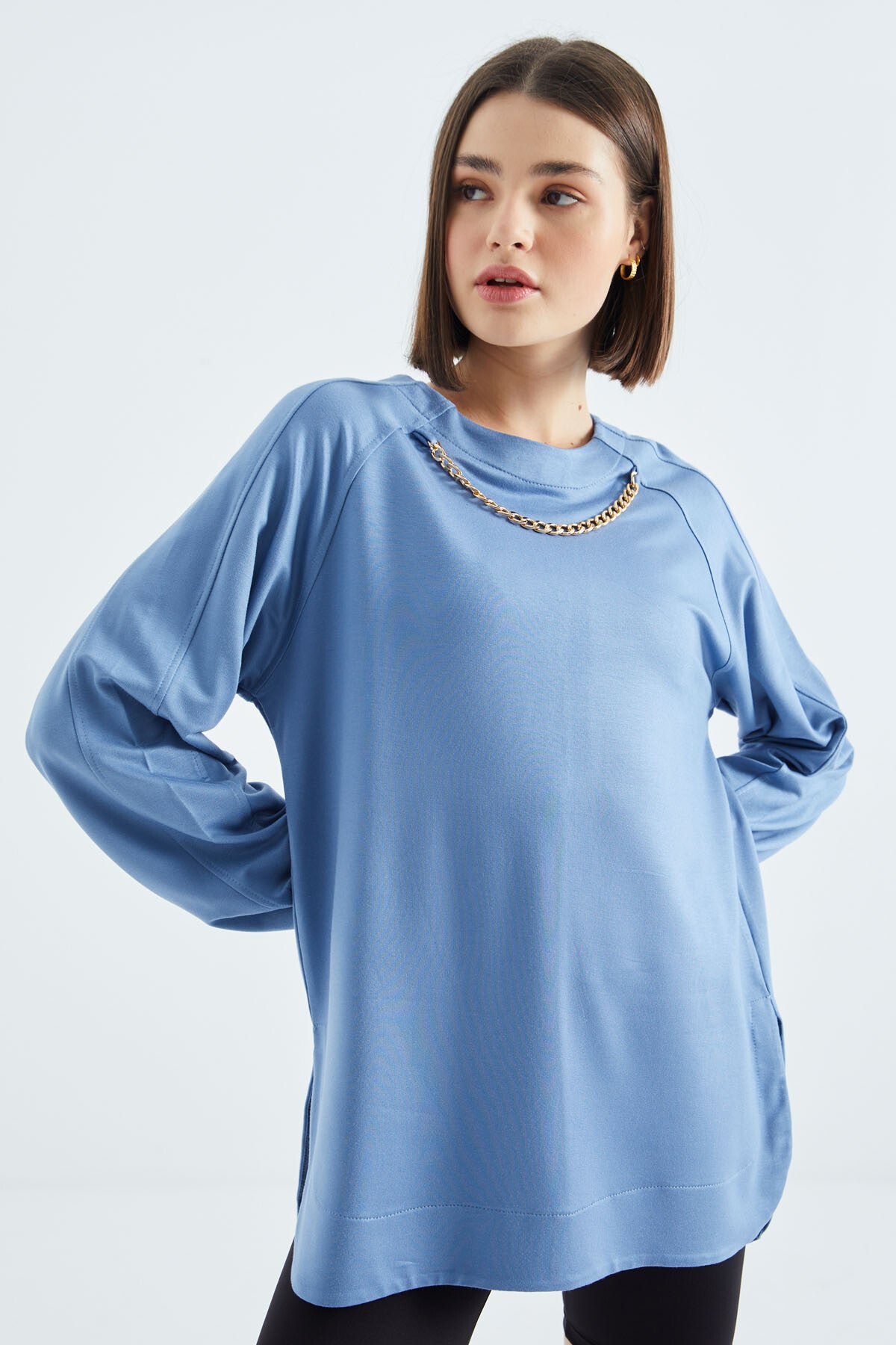 o yaka zincir detayli oversize kadin tunik sweatshirt - 02383