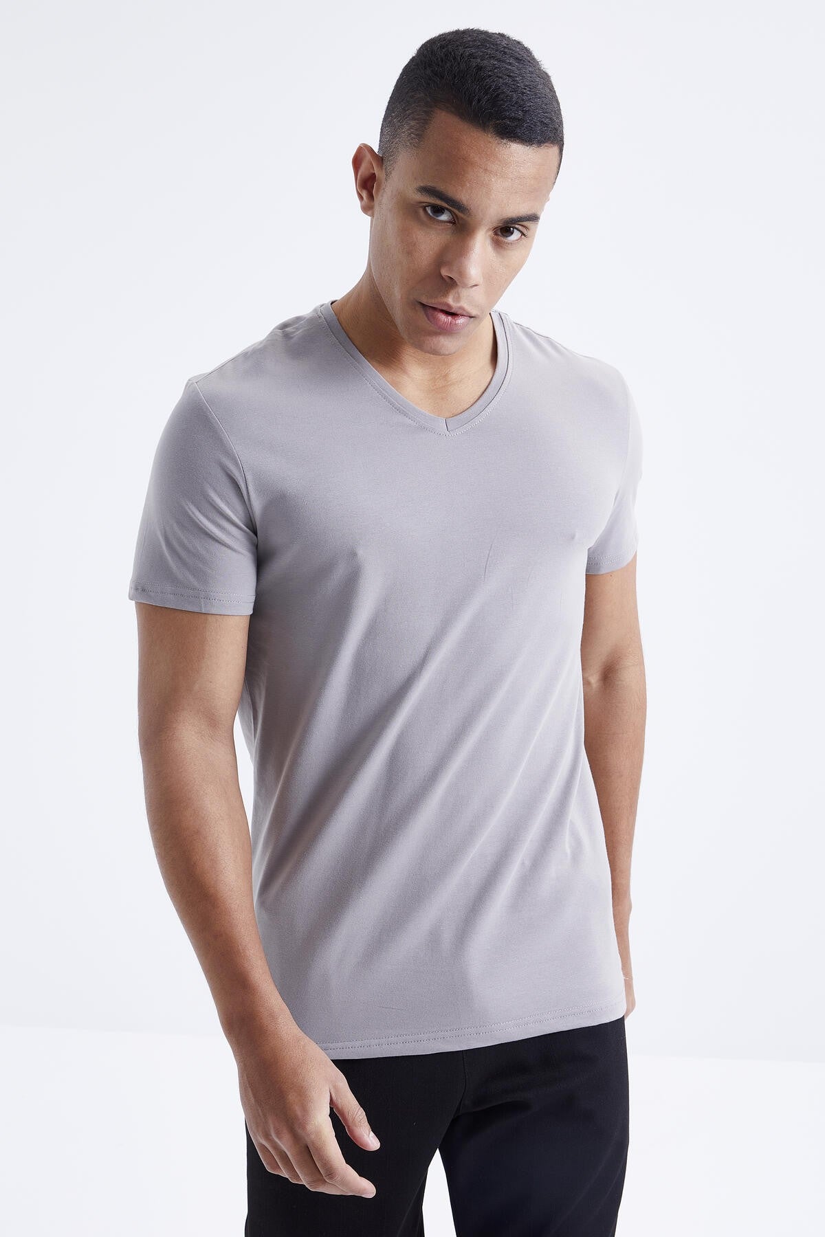 basic kisa kol standart kalip v yaka erkek t-shirt - 87912