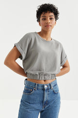 basic o yaka beli lastikli bürümcük kumaş kadin crop top t-shirt - 97227