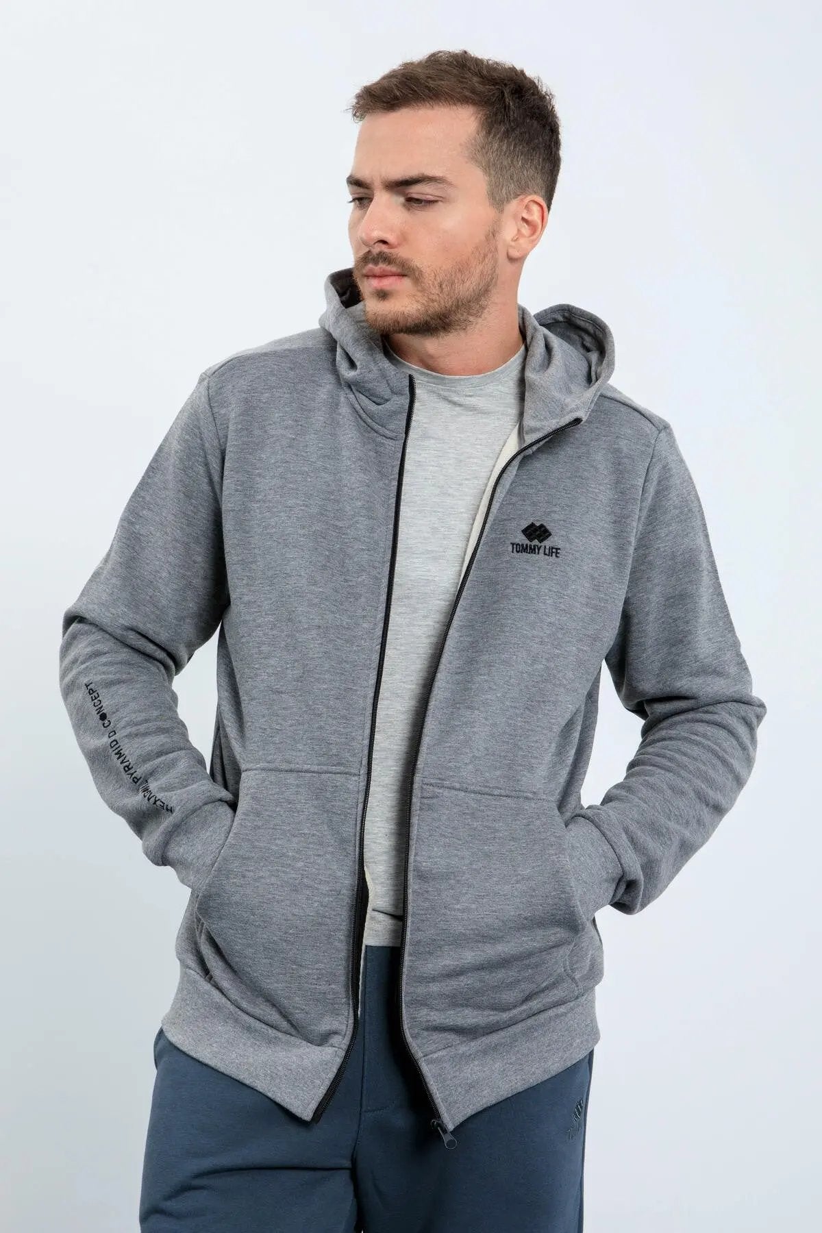 basic kapüşonlu rahat form nakiş detayli fermuarli erkek sweatshirt - 88035 - Justyol
