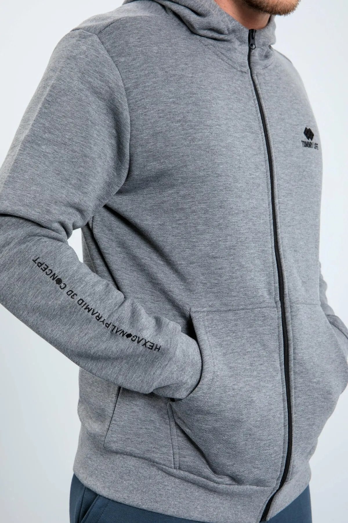 basic kapüşonlu rahat form nakiş detayli fermuarli erkek sweatshirt - 88035 - Justyol