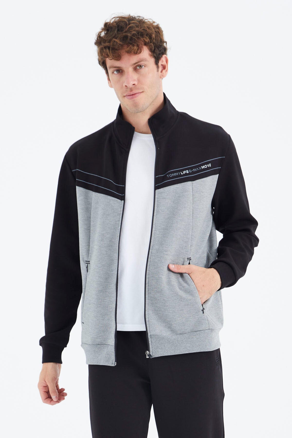 <tc>Pull-over pour homme confortable avec col montant, blocs de couleur noir - gris foncé, détails de poche secrète - 88290</tc>