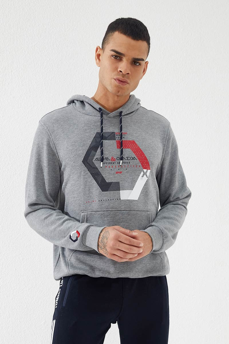 geometrik baskili standart kalip kapüşonlu erkek sweatshirt - 87870