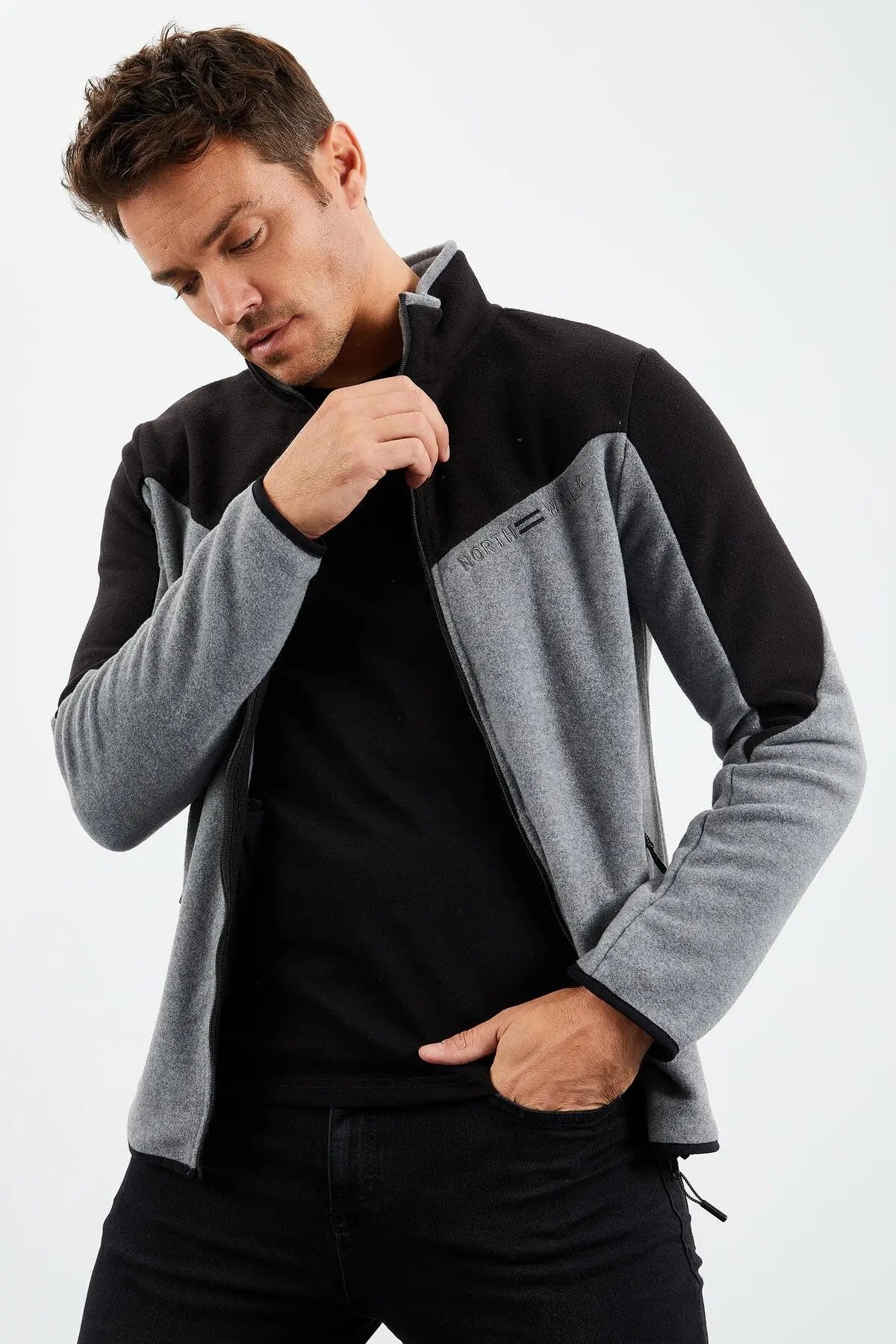 iki renkli fermuarli dik yaka standart kalip erkek sweatshirt polar - 87994 - Justyol