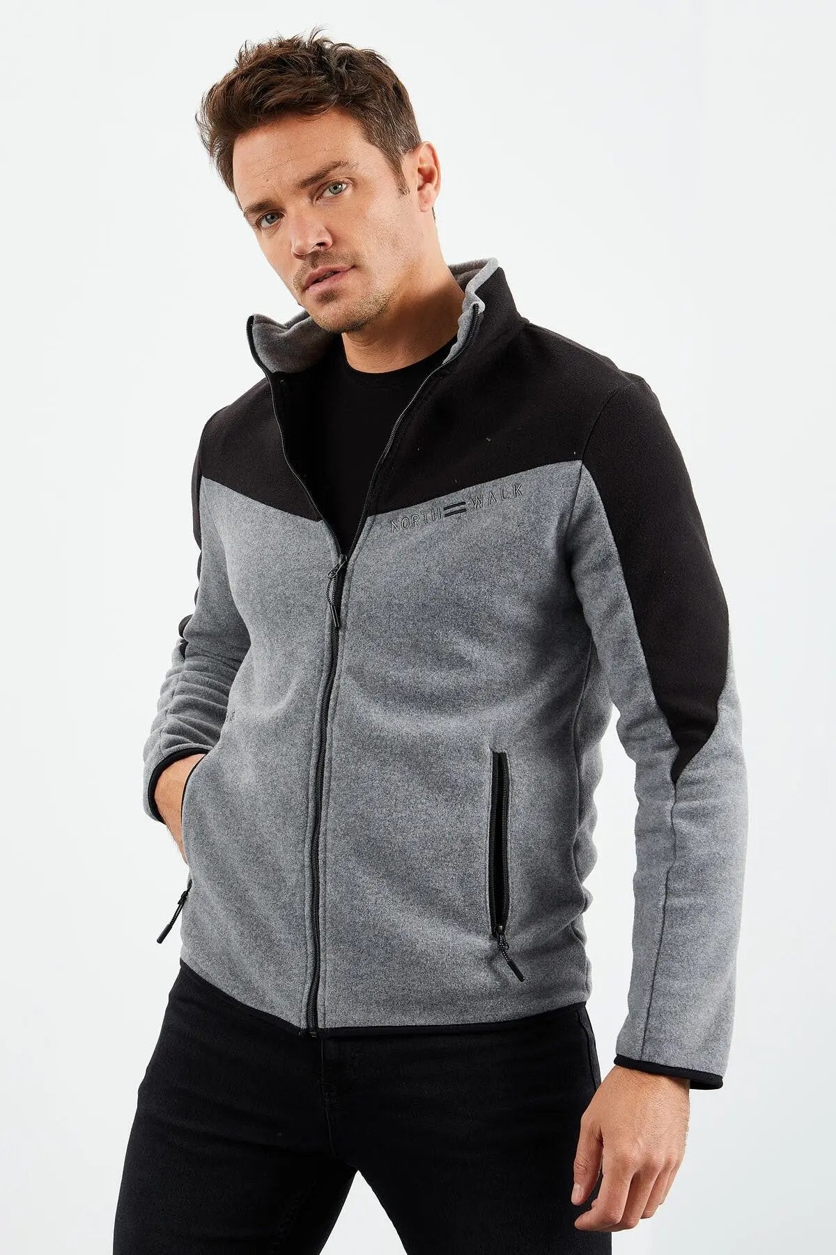 iki renkli fermuarli dik yaka standart kalip erkek sweatshirt polar - 87994 - Justyol