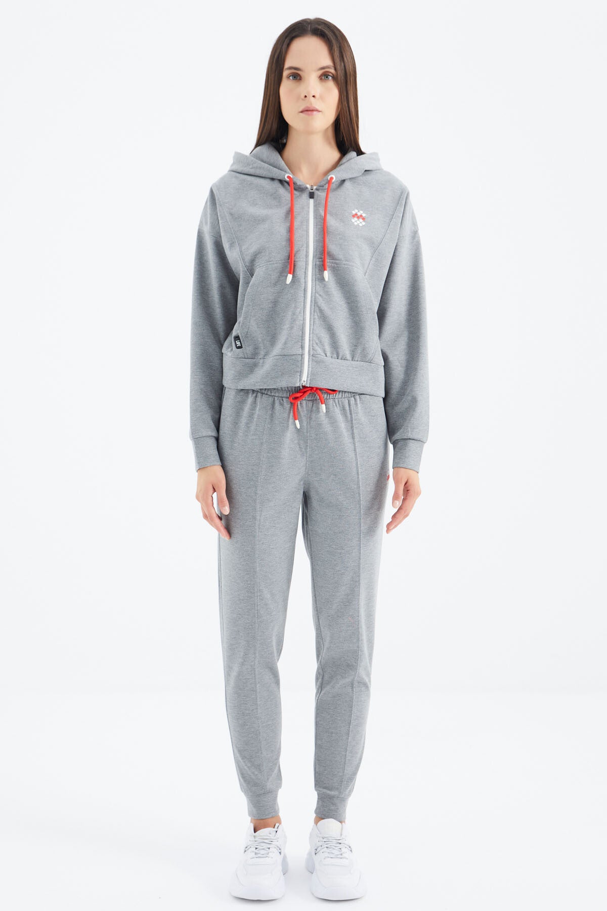 <tc>ensemble de survêtement pour femme en gris mélangé avec capuche, fermeture éclair et poches, coupe oversize - 95322</tc>