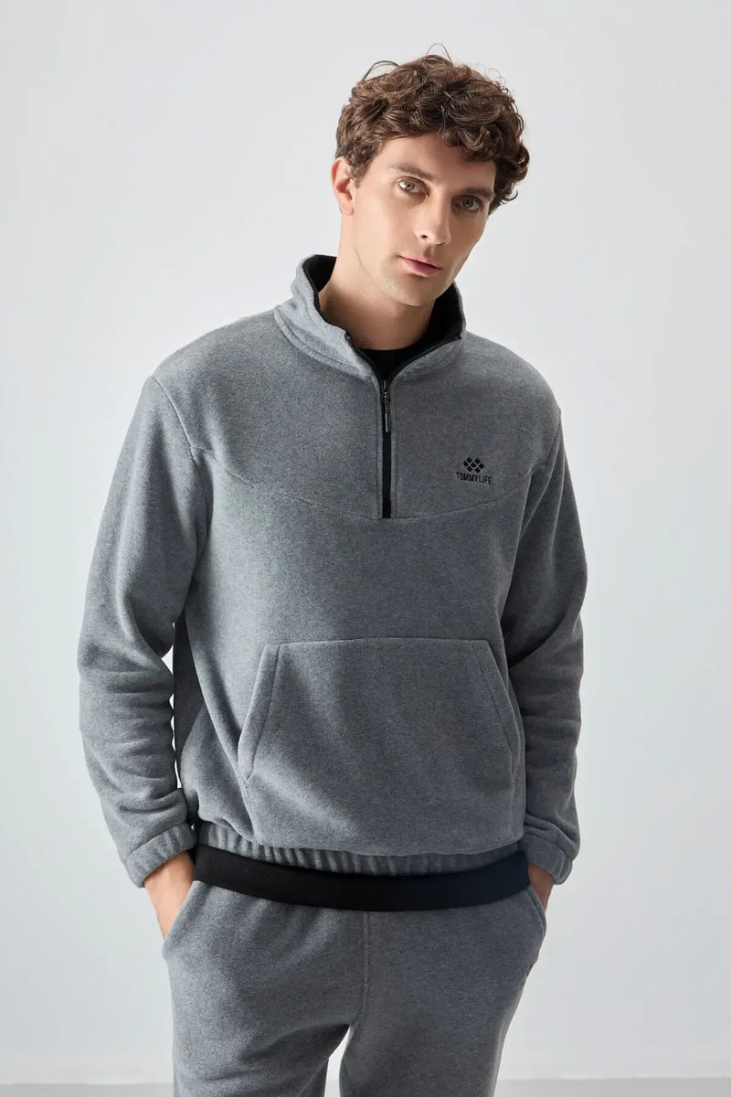 Ensemble de survêtement pour homme en polaire à demi-fermeture éclair, col montant et bas de pantalon élastiqués - 85159