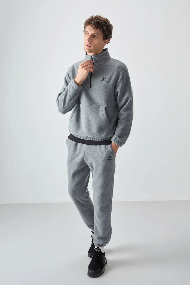 Ensemble de survêtement pour homme en polaire à demi-fermeture éclair, col montant et bas de pantalon élastiqués - 85159