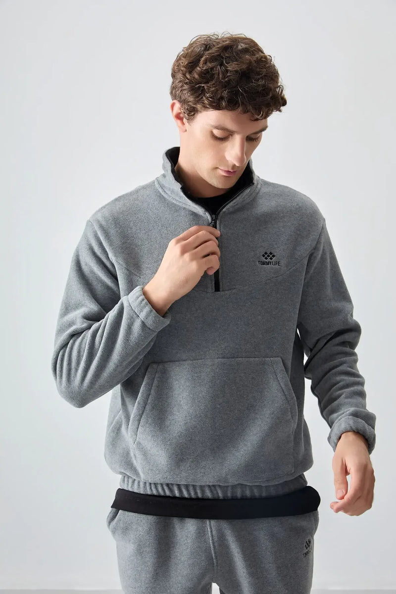 Ensemble de survêtement pour homme en polaire à demi-fermeture éclair, col montant et bas de pantalon élastiqués - 85159