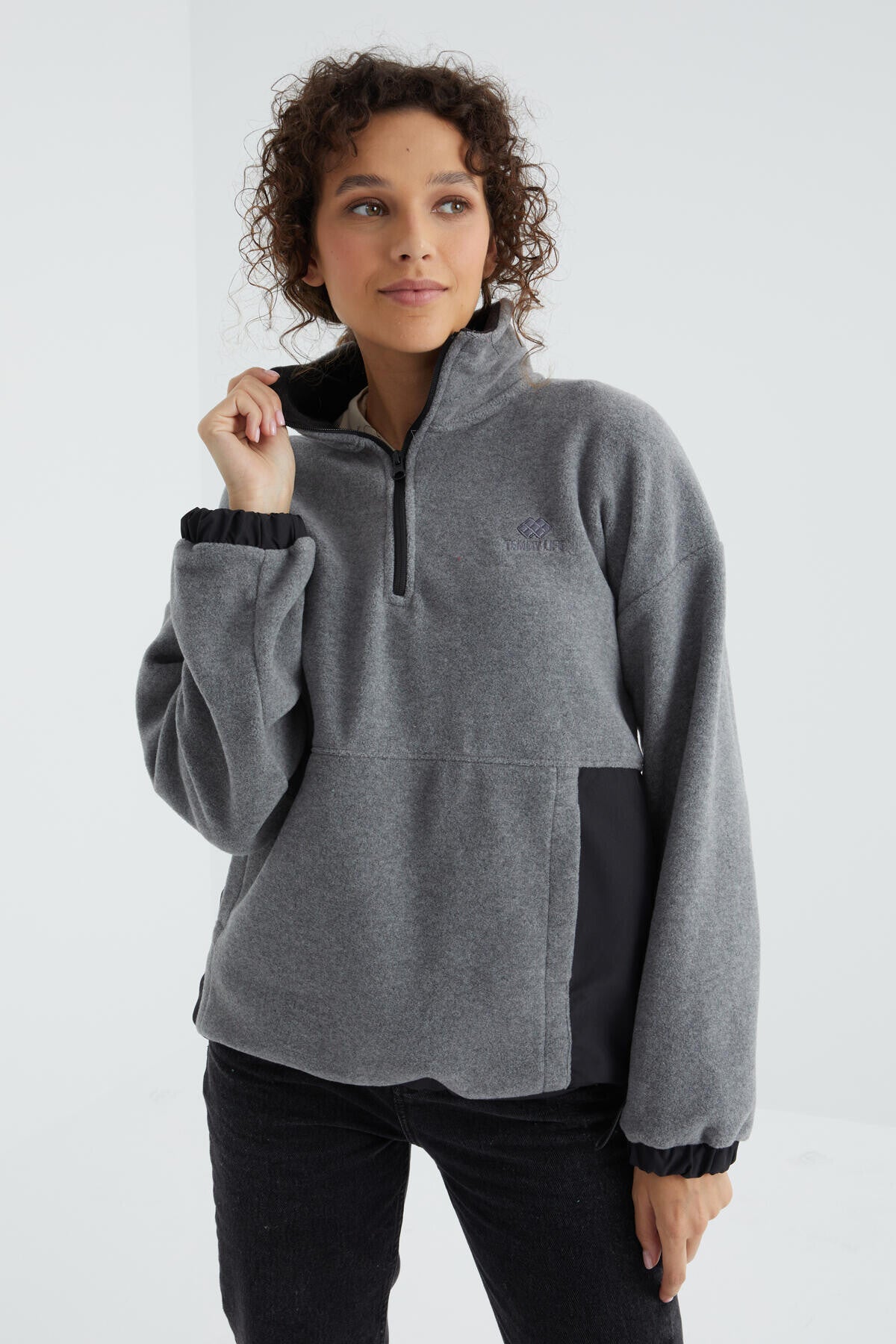 yarim fermuar etek ucu büzgülü dik yaka oversize kadin polar sweatshirt - 97236