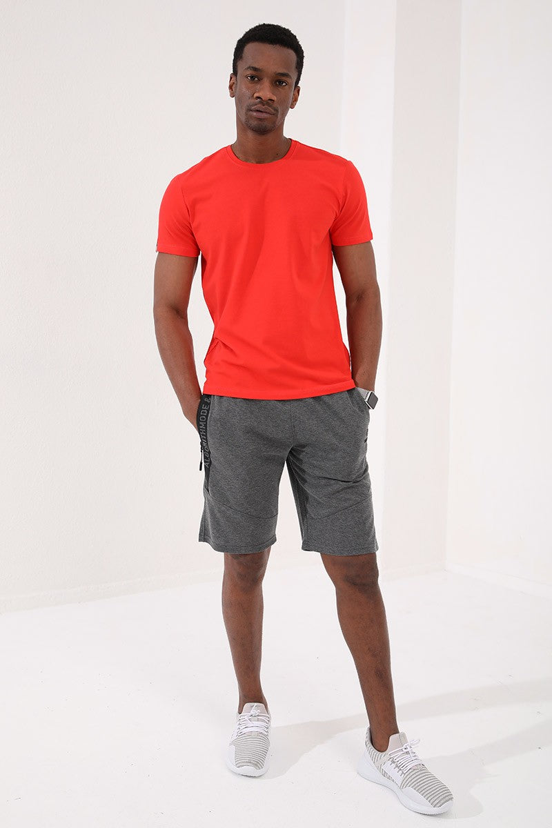 <tc>Short pour homme gris mélangé avec impression de texte, poches zippées et cordon de serrage, coupe standard - 81205</tc>