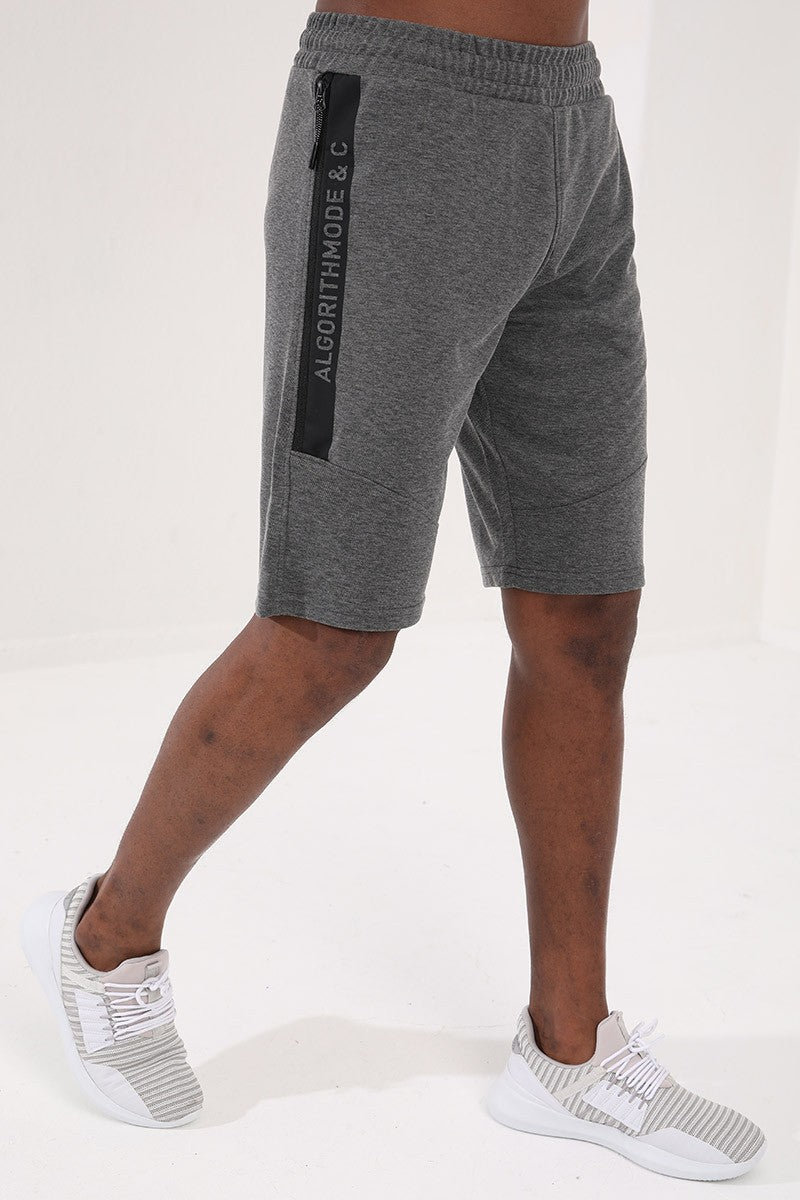 <tc>Short pour homme gris mélangé avec impression de texte, poches zippées et cordon de serrage, coupe standard - 81205</tc>