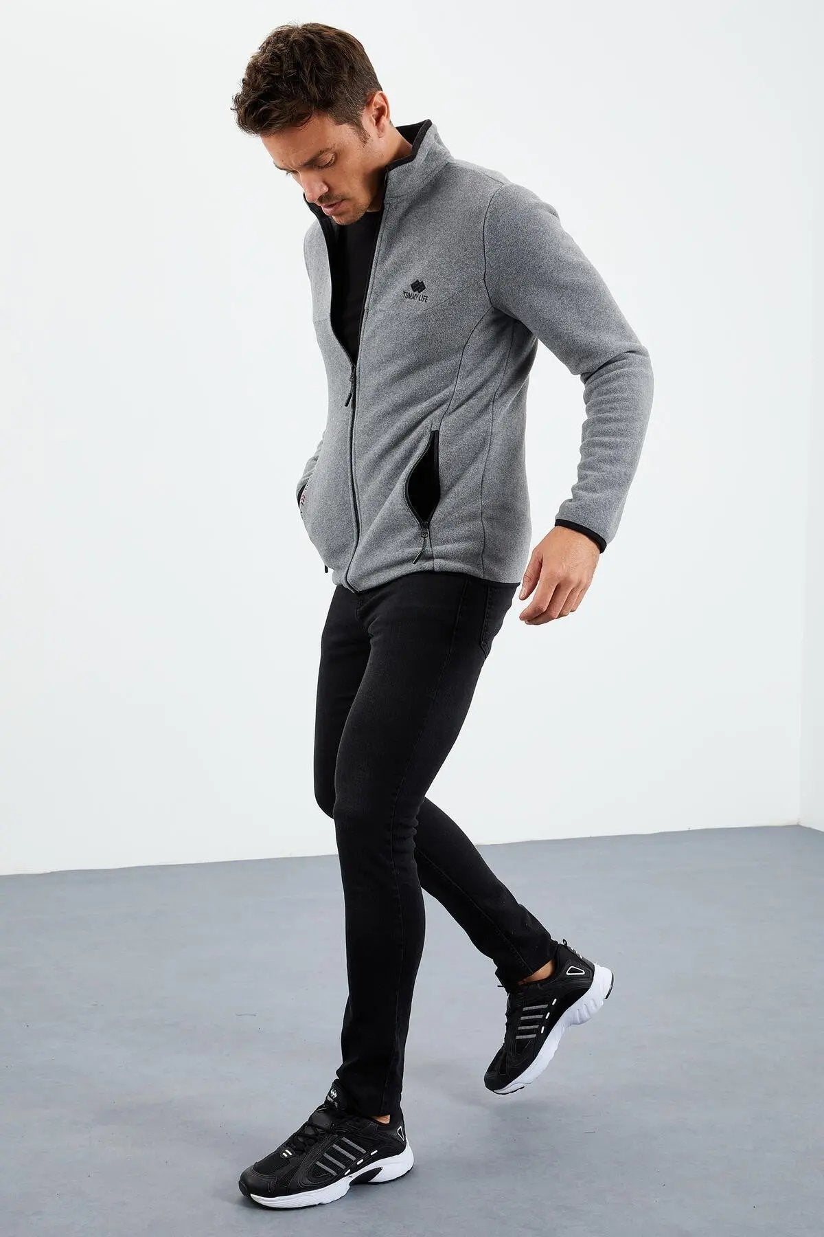 yazi nakişli dik yaka fermuarli standart kalip erkek sweatshirt polar - 87992 - Justyol