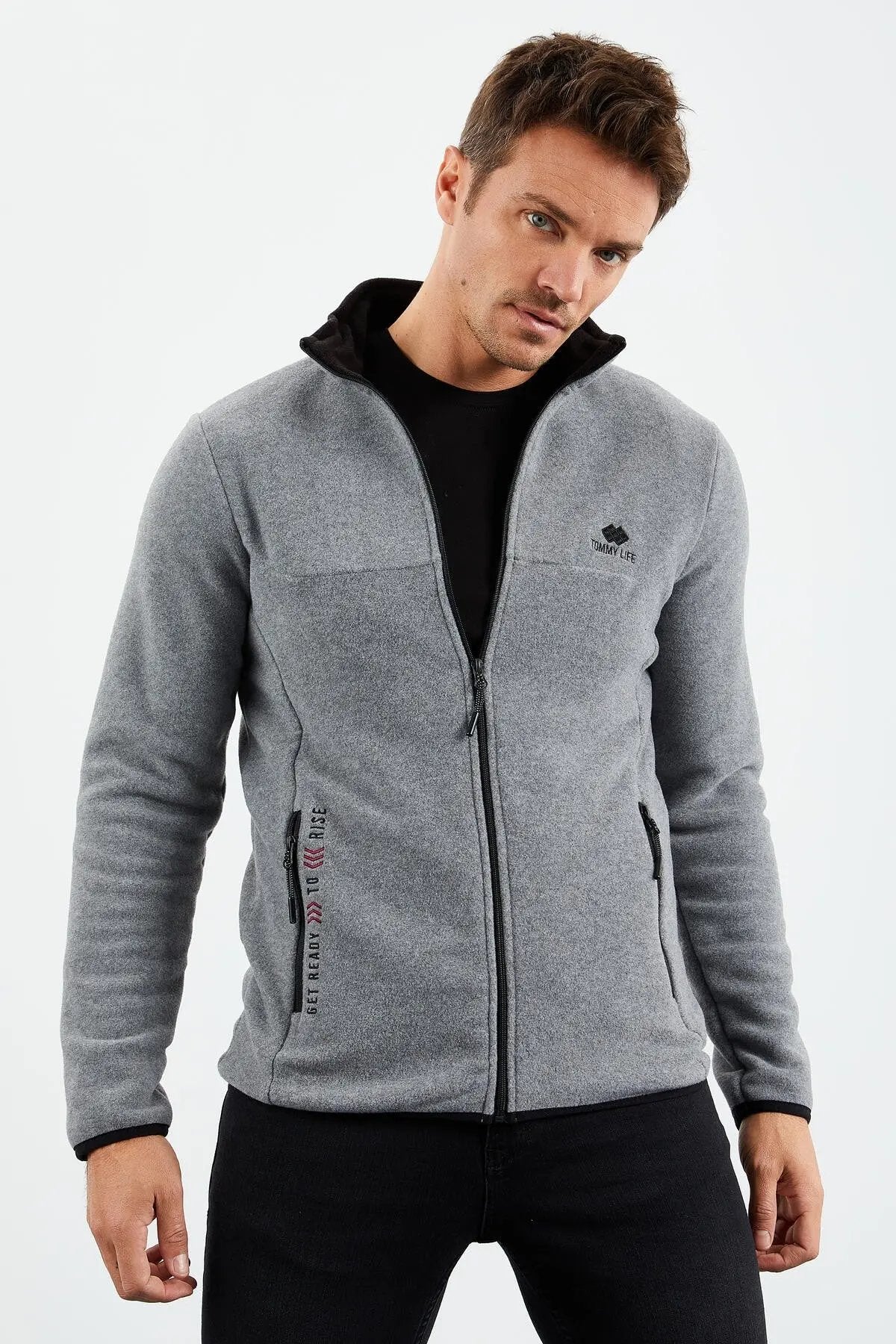 yazi nakişli dik yaka fermuarli standart kalip erkek sweatshirt polar - 87992 - Justyol