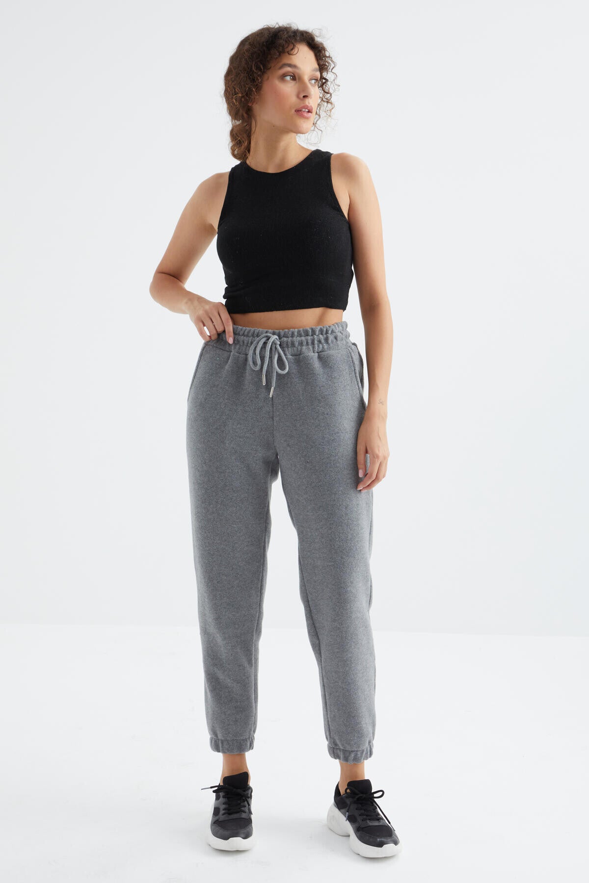 yüksek bel basic bağcikli jogger polar kadin eşofman alt - 94622 - Justyol