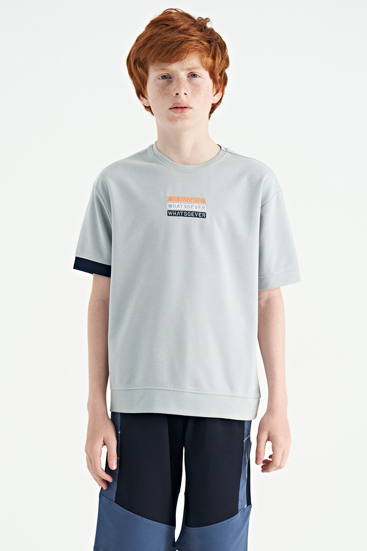 <tc>T-shirt oversize pour garçon à col rond avec broderie de texte - 11146</tc>