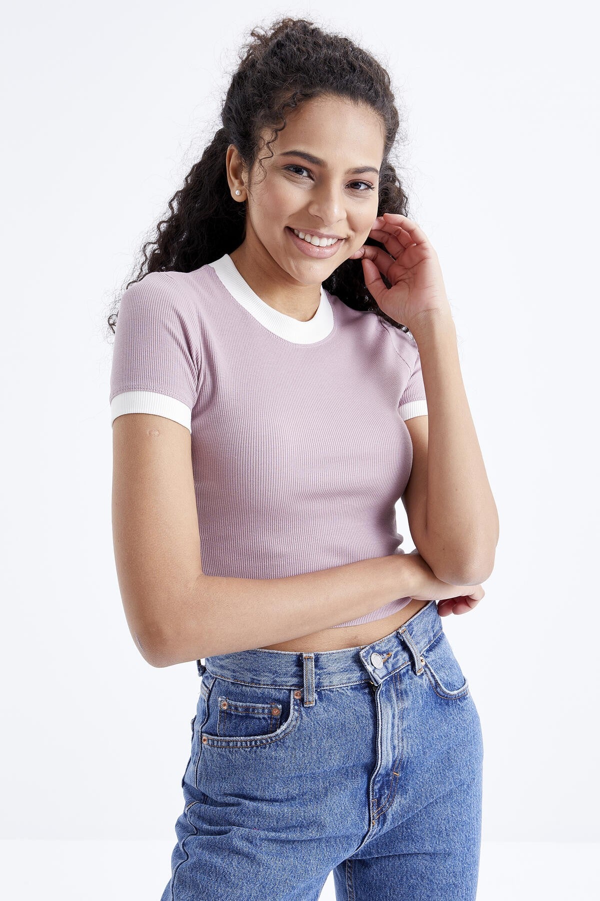 basic kol detayli o yaka kadin crop top t-shirt - 97200