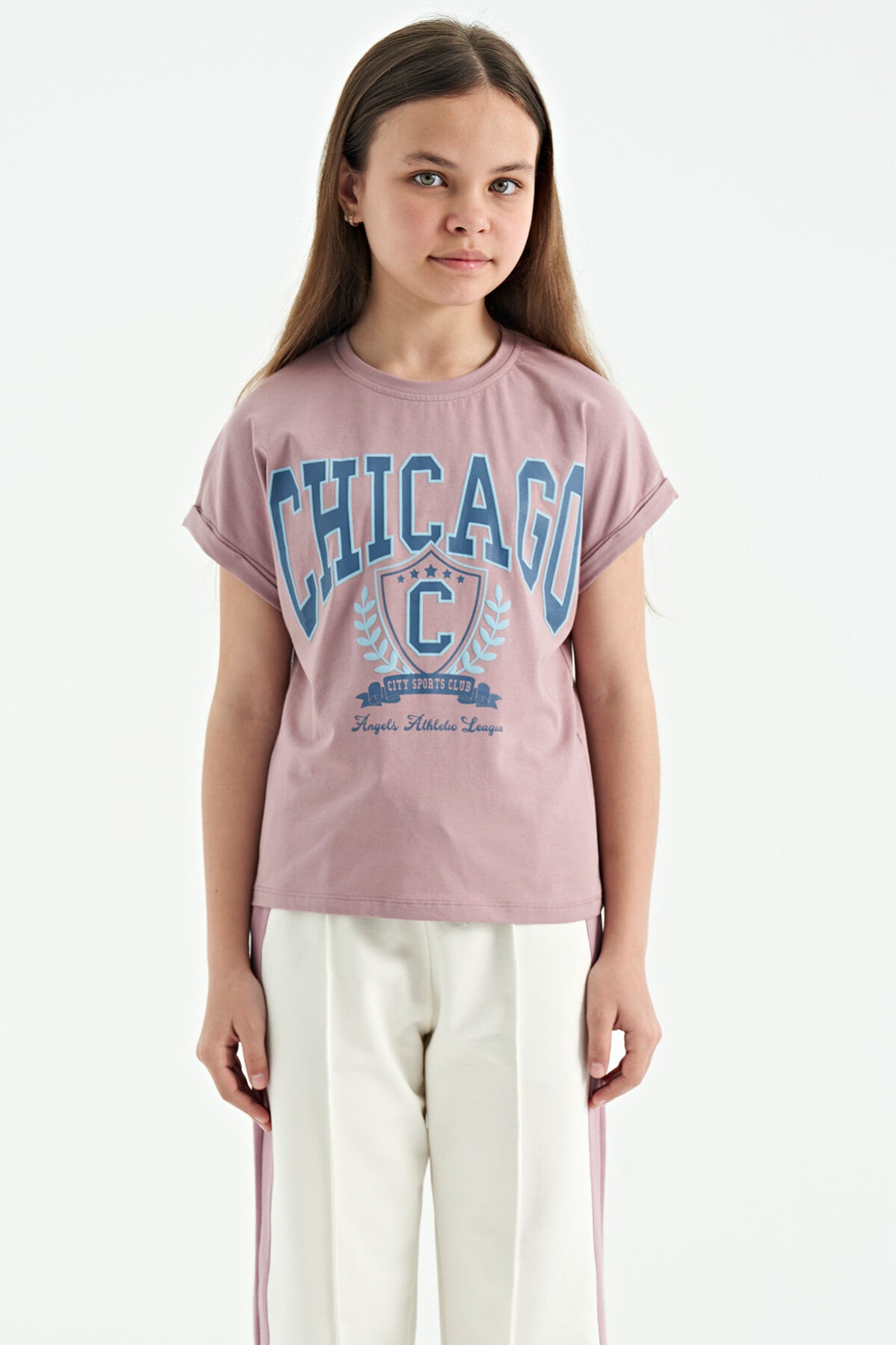 <tc>T-shirt fille à col rond, épaules tombantes, coupe confortable, manches courtes - 75128</tc>