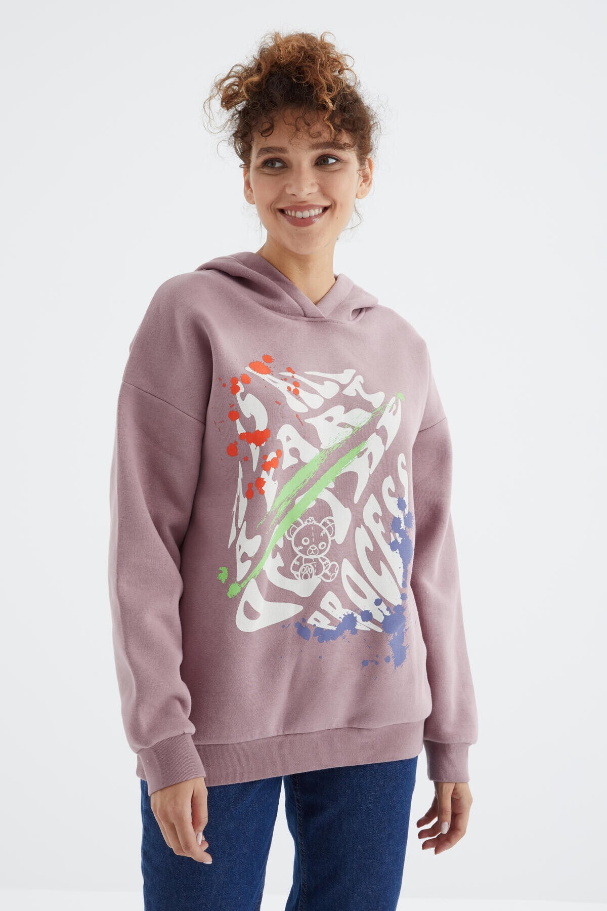 ön baskili kapüşonlu kadin oversize kadin sweatshirt - 97248