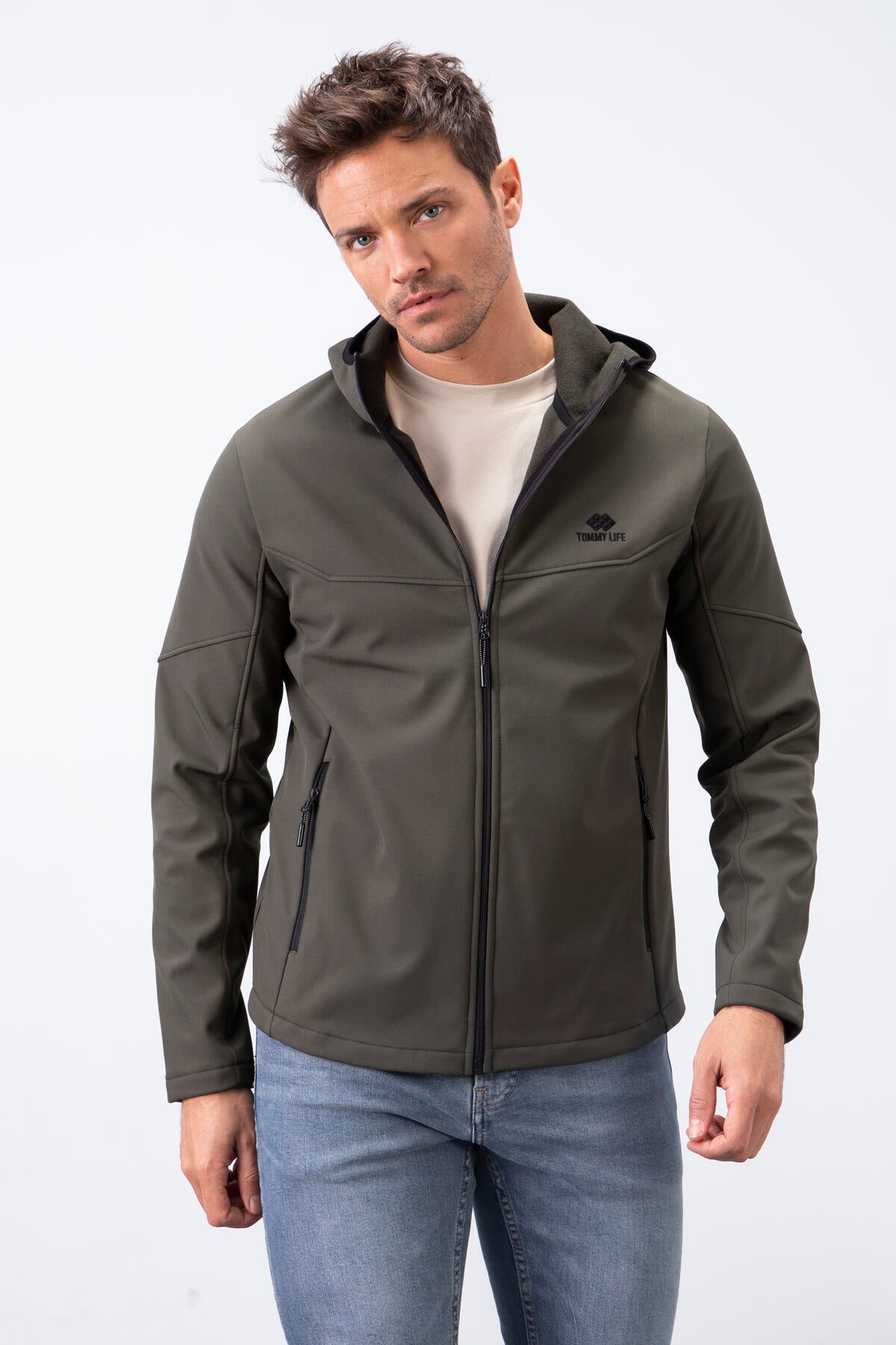 fermuarli kapüşonlu su ve rüzgar geçirmez softshell erkek mont - 88051 - Justyol