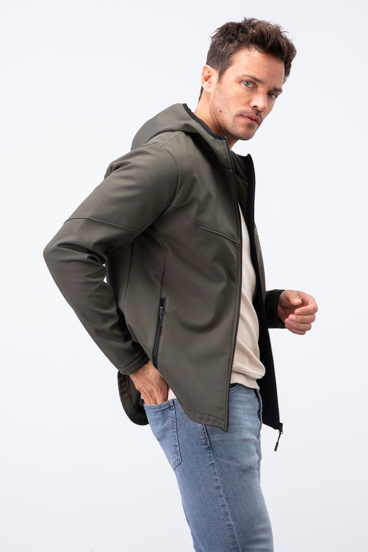 fermuarli kapüşonlu su ve rüzgar geçirmez softshell erkek mont - 88051 - Justyol