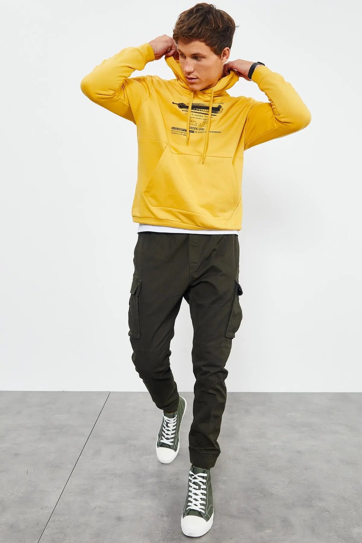 baskili kapüşonlu kanguru cep rahat form erkek sweatshirt - 88019 - Justyol