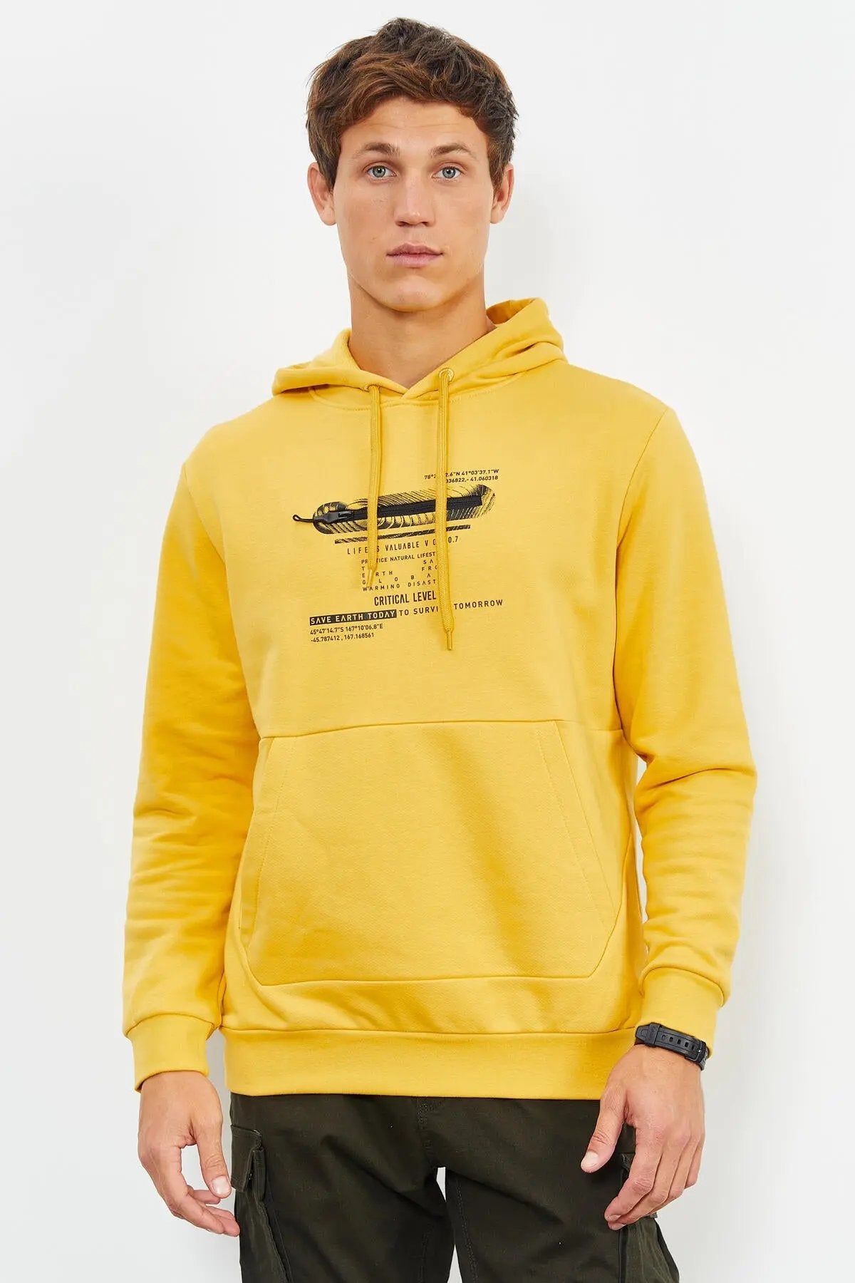 baskili kapüşonlu kanguru cep rahat form erkek sweatshirt - 88019 - Justyol
