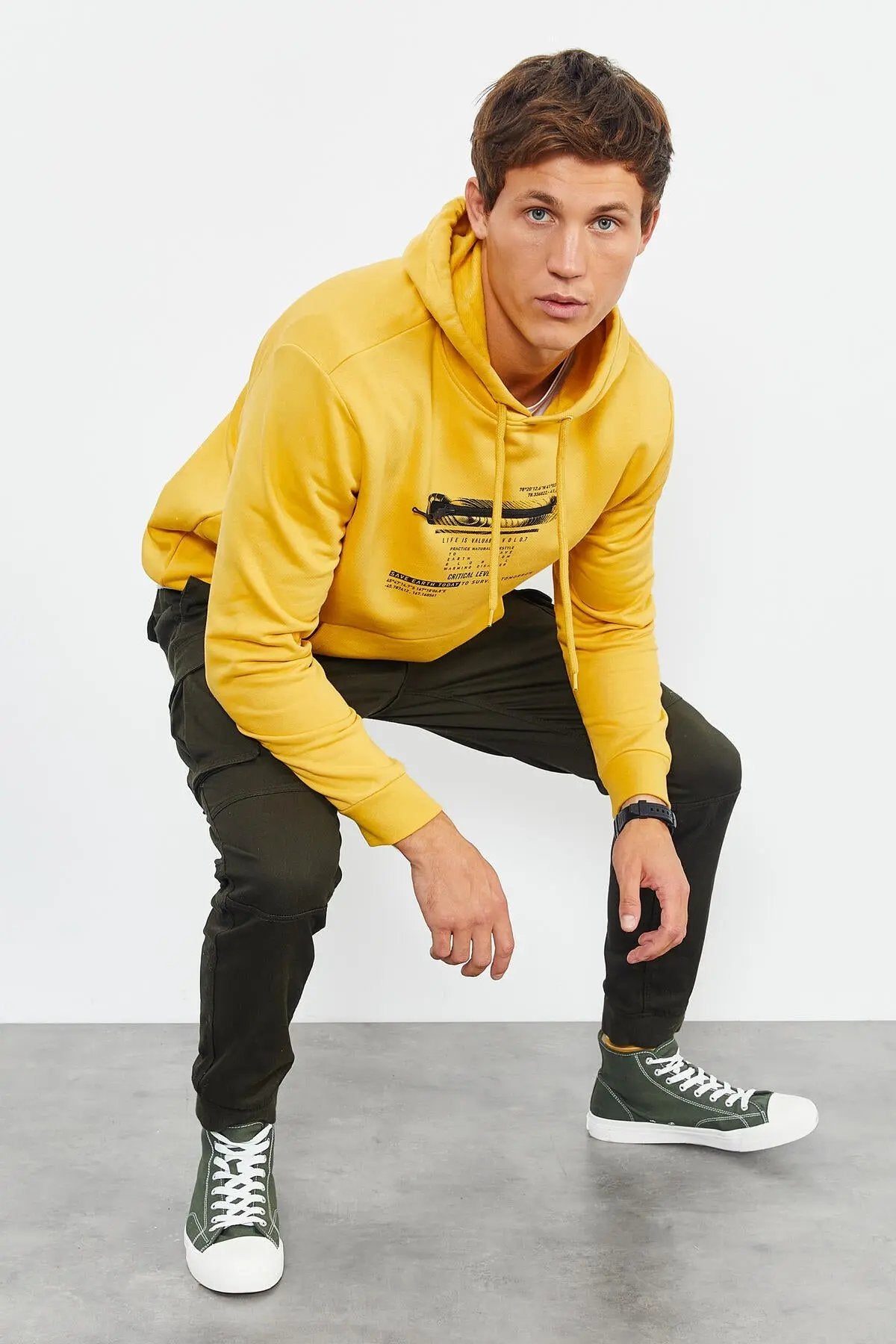 baskili kapüşonlu kanguru cep rahat form erkek sweatshirt - 88019 - Justyol