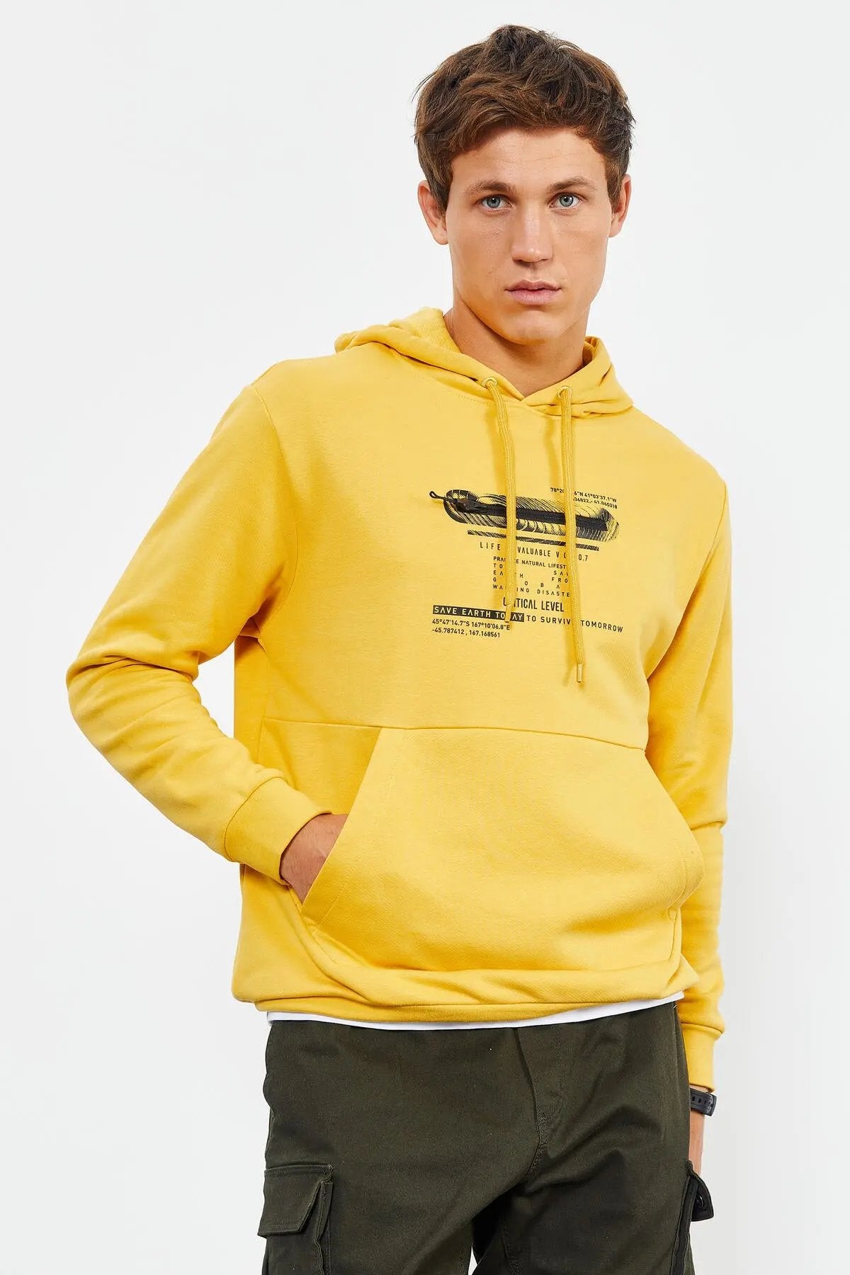 baskili kapüşonlu kanguru cep rahat form erkek sweatshirt - 88019 - Justyol