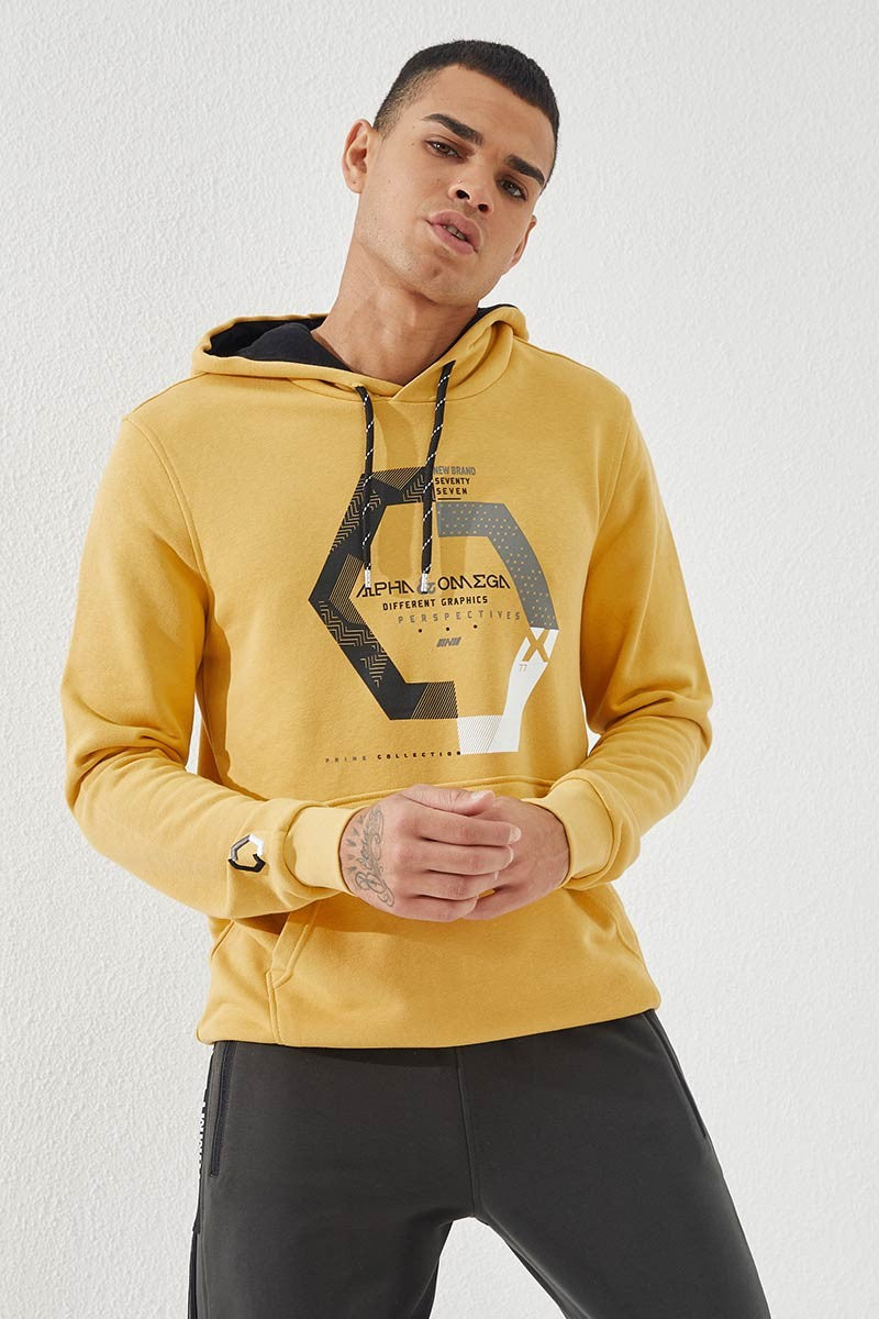 geometrik baskili standart kalip kapüşonlu erkek sweatshirt - 87870