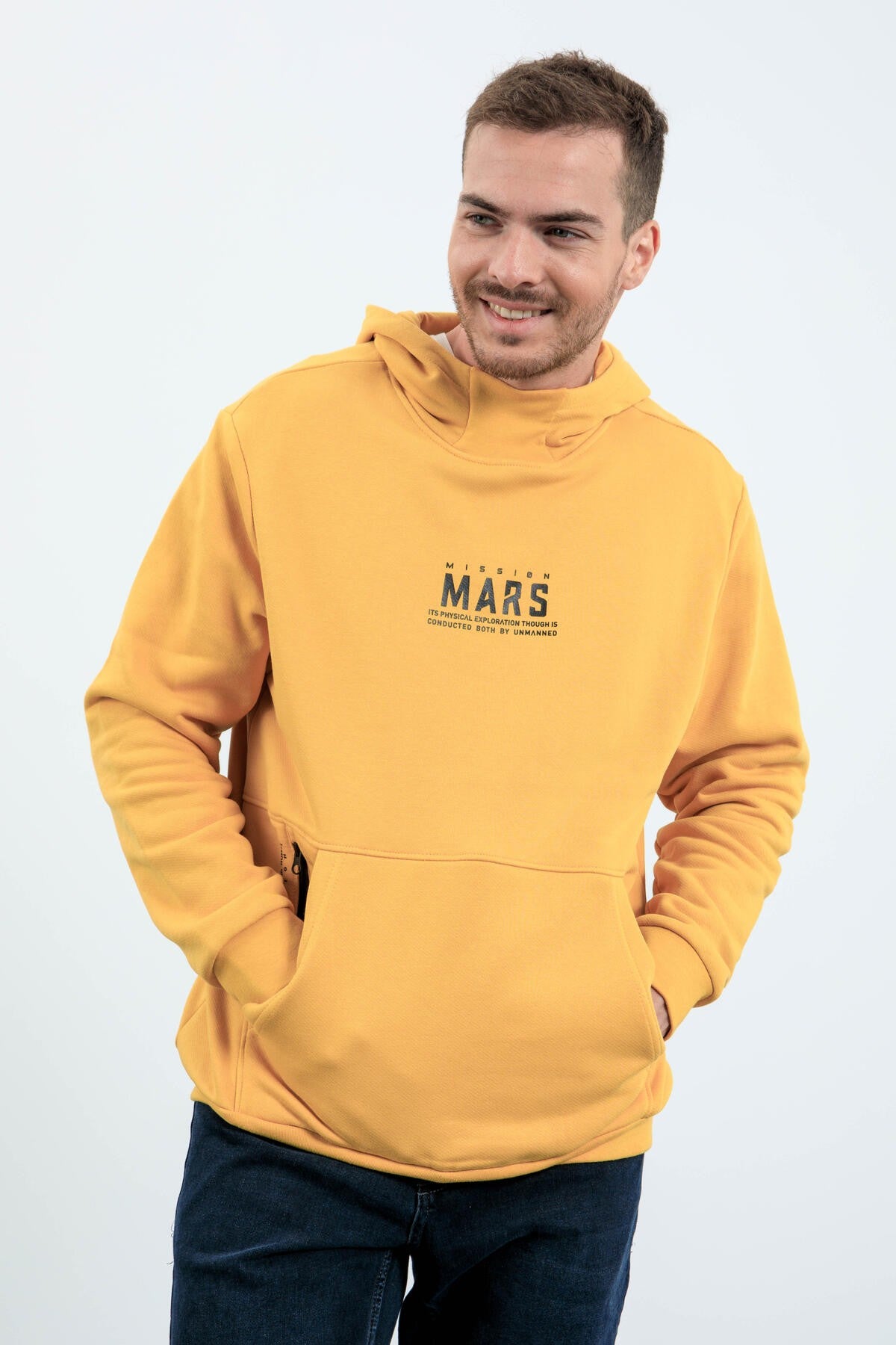 mars yazi ve sirt baskili kapüşonlu rahat form erkek sweatshirt - 88032