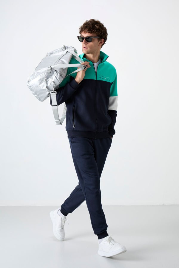 ekru - indigo dik yaka renk geçişli baski detayli standart kalip erkek eşofman takimi - 85186 - Justyol