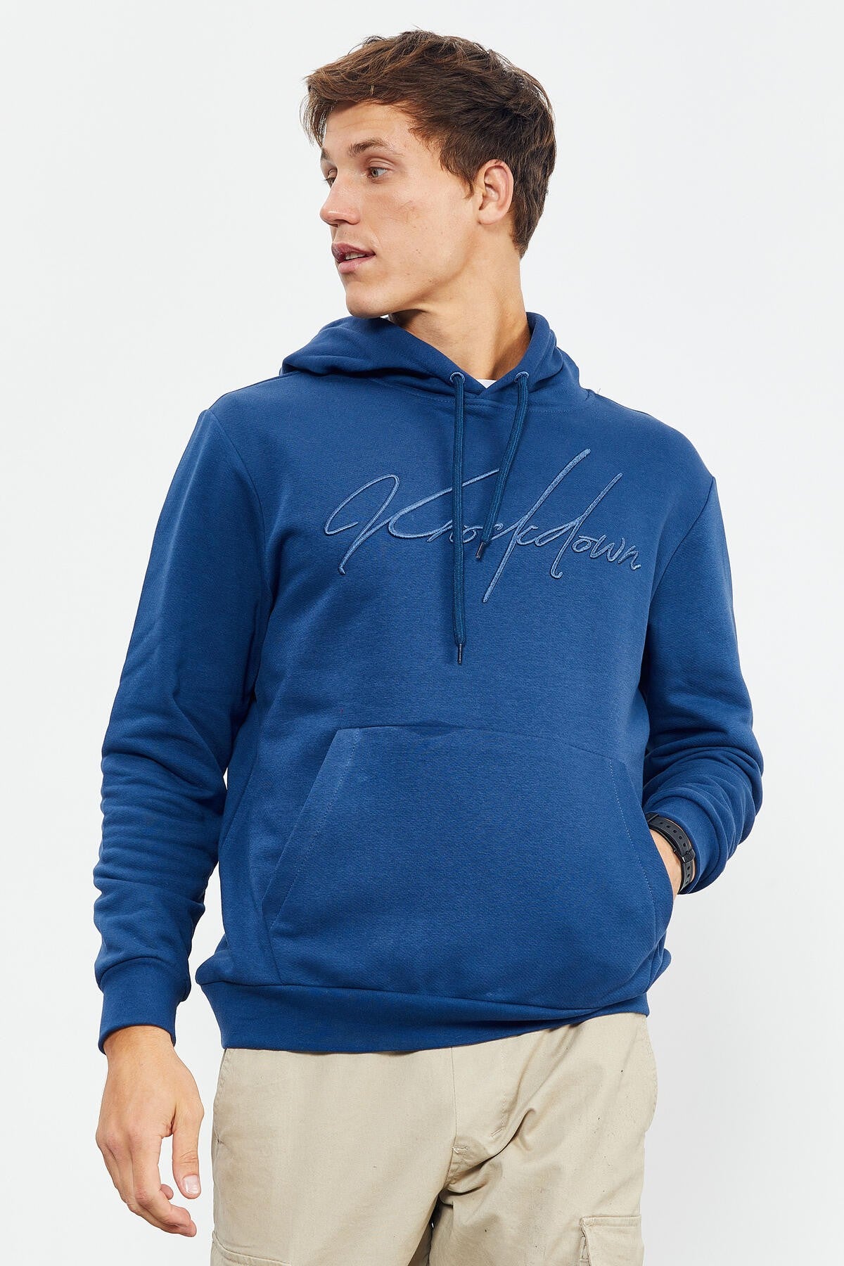 el yazisi nakişli kapüşonlu rahat form erkek sweatshirt - 88007