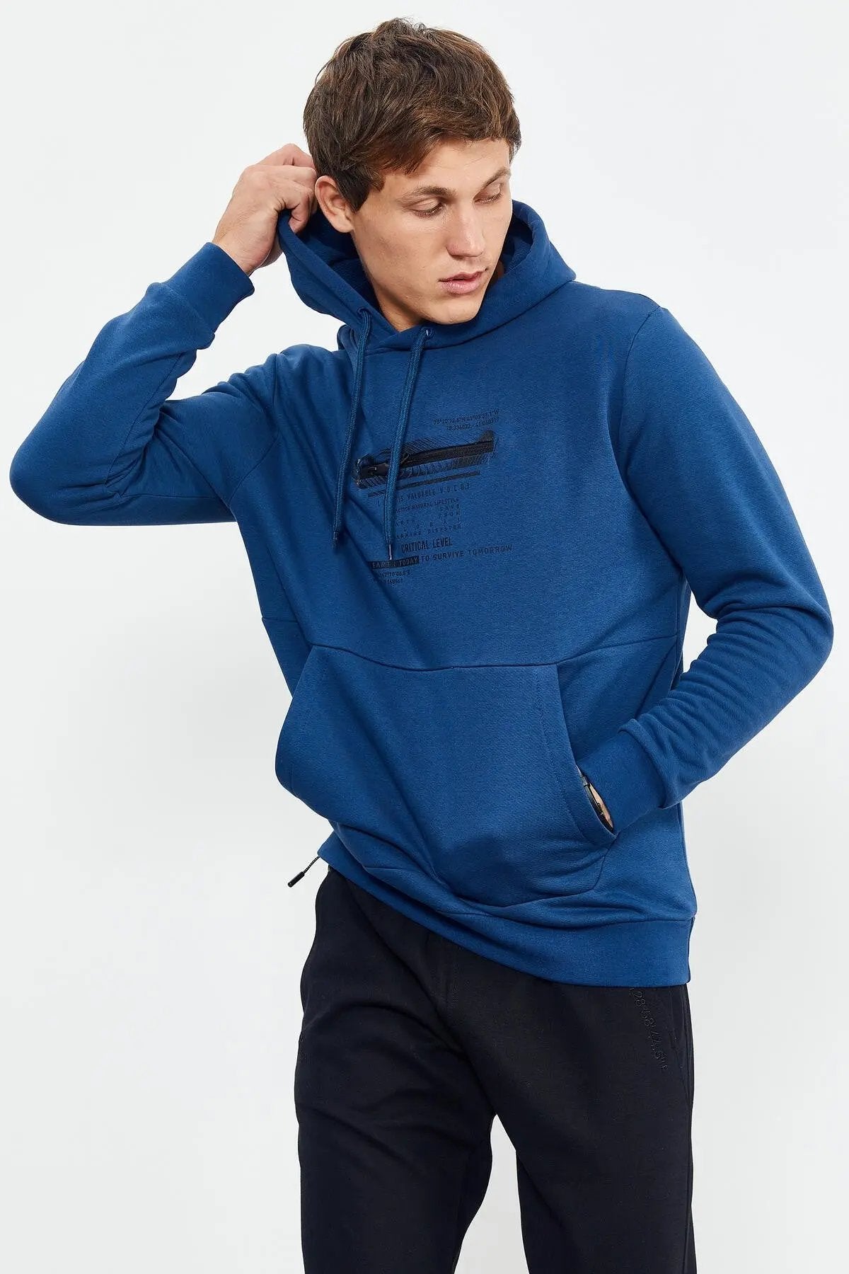 baskili kapüşonlu kanguru cep rahat form erkek sweatshirt - 88019 - Justyol